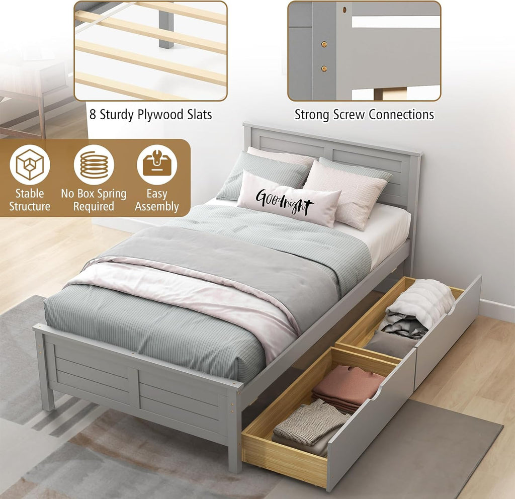 KOMFOTT Twin Size Wood Bed Frame with 2 Storage Drawers, Mid Century Platform Bed Frame with Headboard, Sturdy Wooden Slats Support, Modern Mattress Foundation, No Box Spring Required, Easy Assembly
