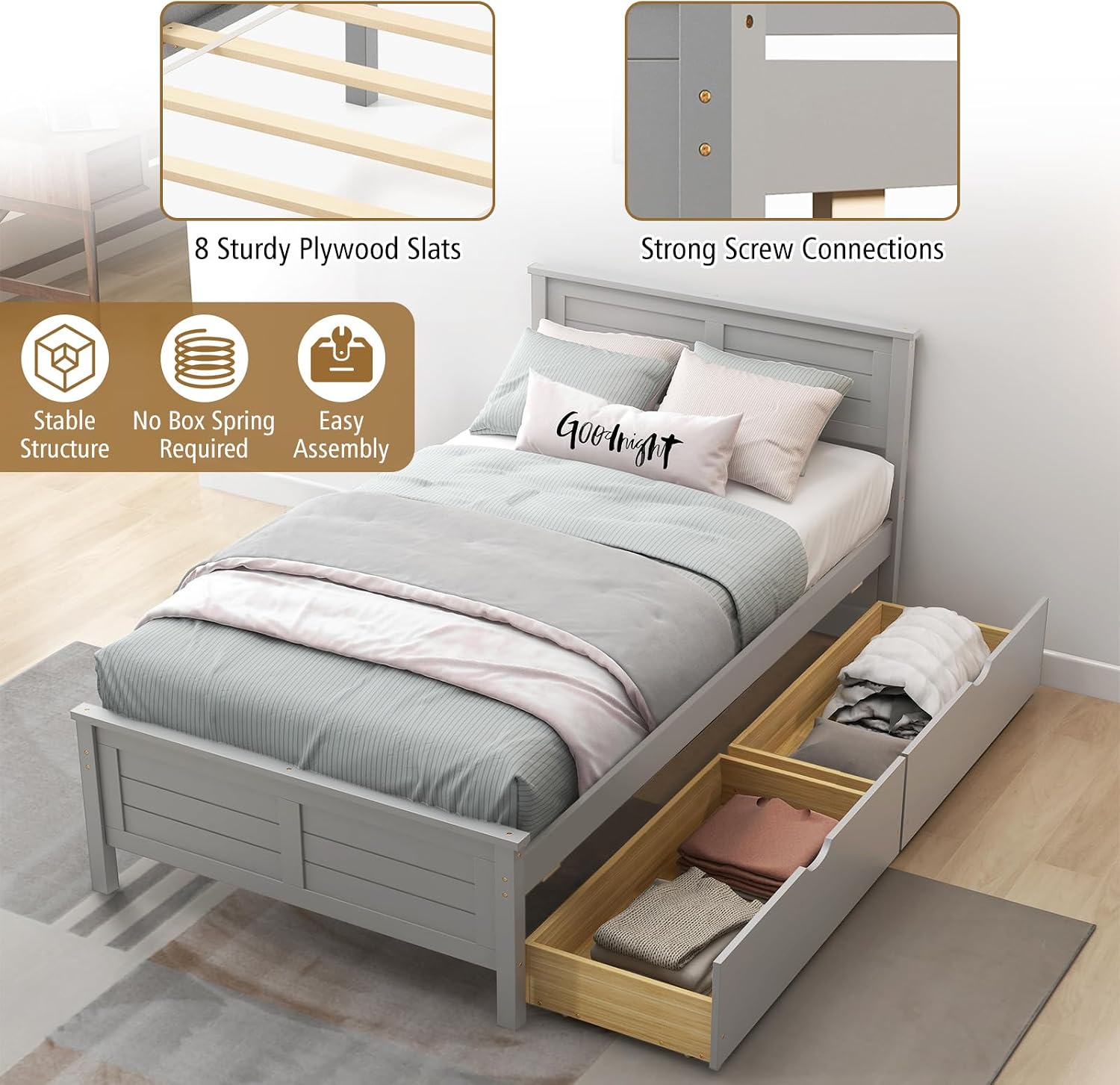 KOMFOTT Twin Size Wood Bed Frame with 2 Storage Drawers, Mid Century Platform Bed Frame with Headboard, Sturdy Wooden Slats Support, Modern Mattress Foundation, No Box Spring Required, Easy Assembly