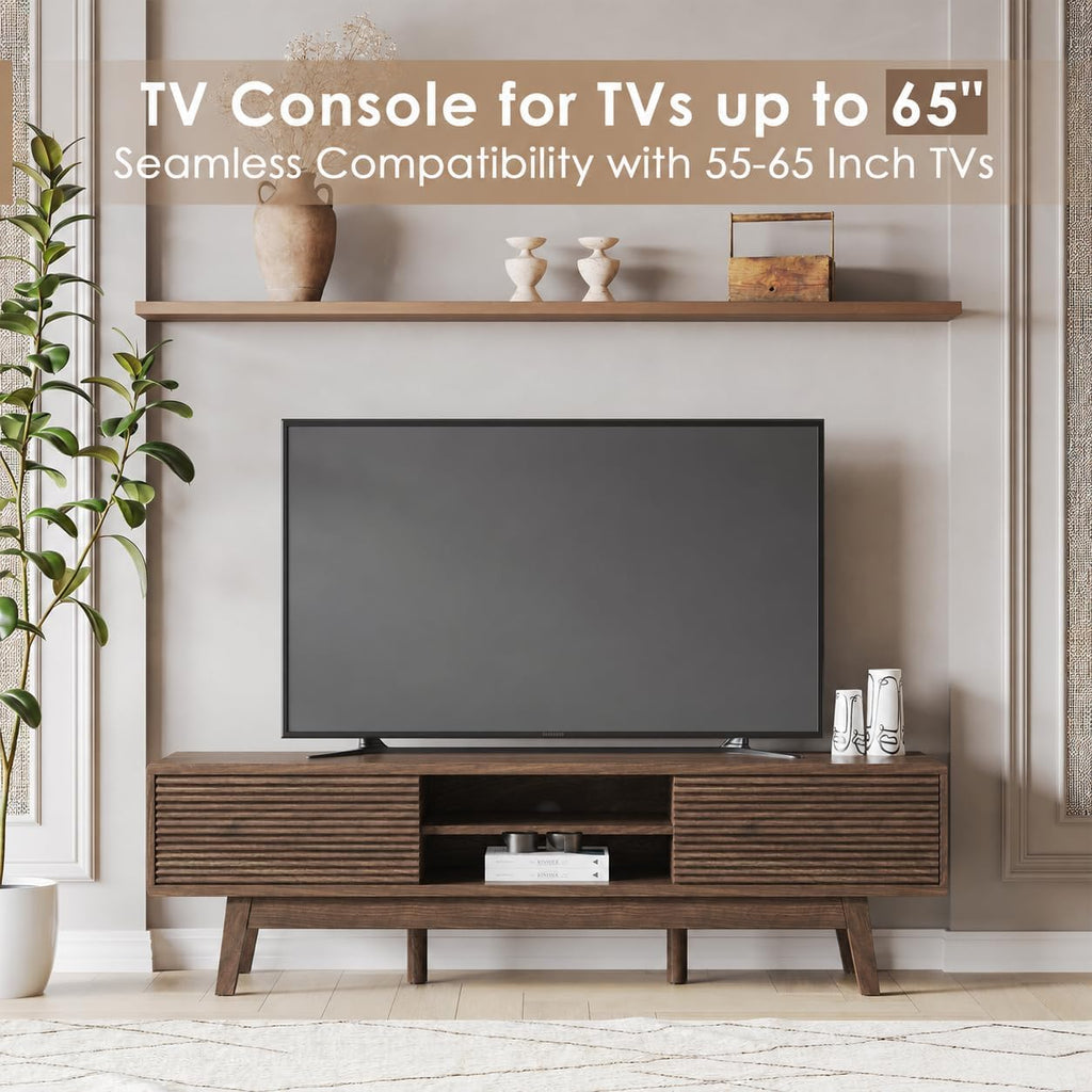TOLEAD 59' TV Console, Mid Century Modern TV Stand for 55/60/65 Inch TV, Low Profile Media Console with Fluted Sliding Doors, Boho Wood Credenza for Living Room, Walnut