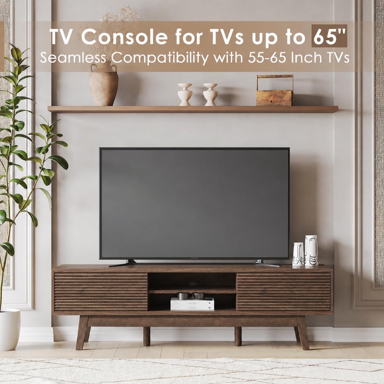 TOLEAD 59' TV Console, Mid Century Modern TV Stand for 55/60/65 Inch TV, Low Profile Media Console with Fluted Sliding Doors, Boho Wood Credenza for Living Room, Walnut
