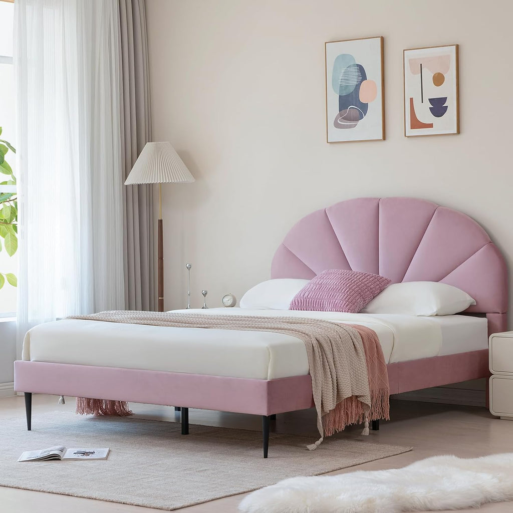VELOCAVA Pink Bed Frame Queen Size, Heavy Duty Upholstered Bed with Unique Headboard, Soft Velvet Platform Bed with Strong Wooden Slats Support, No Box Spring Needed, Easy to Assemble