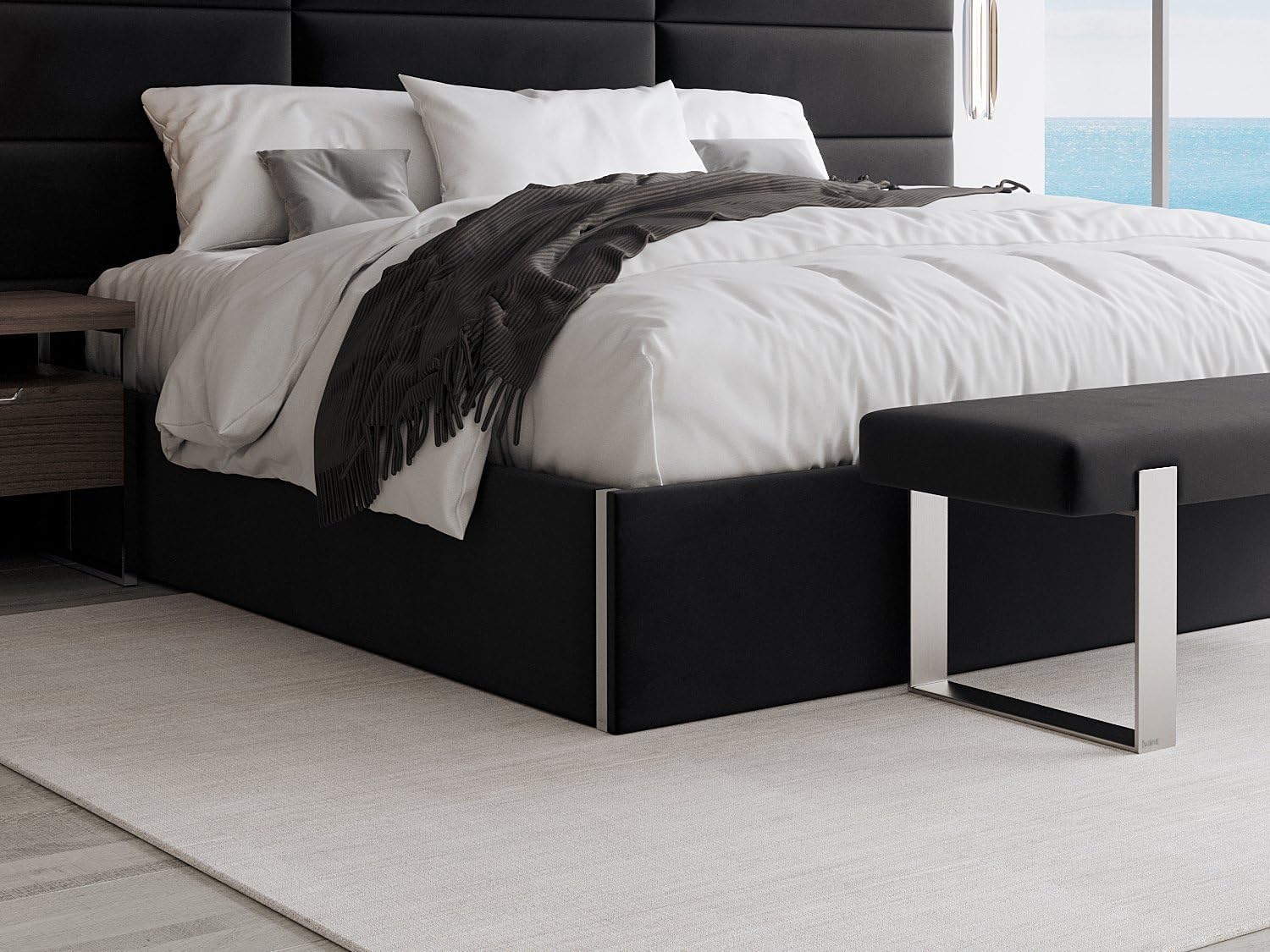 VANT Upholstered Platform Bed - King Size - Velvet Black - Easy Assembly Bed Frame No Box Spring Needed Foundation for Optimal Support - Sleek Modern Design for Any Bedroom