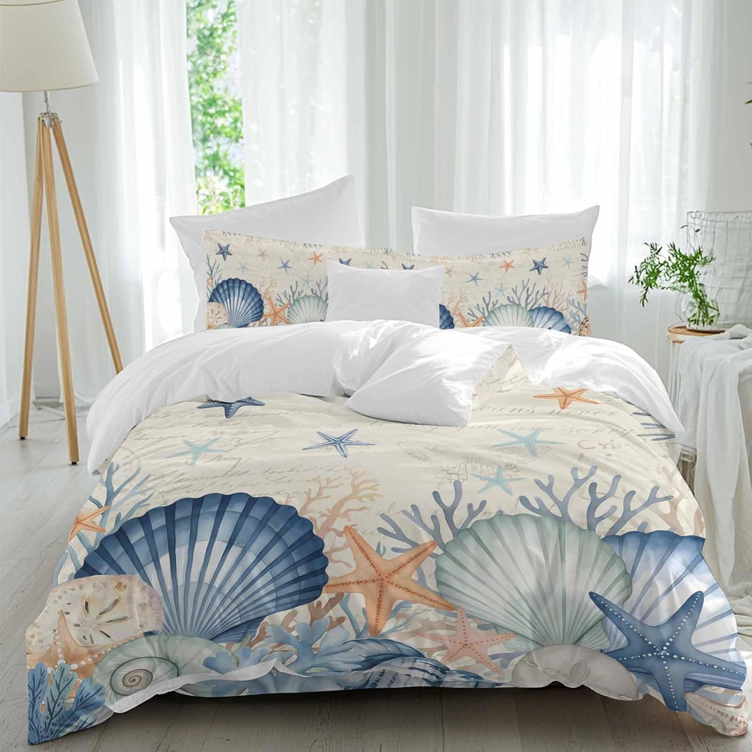 Summer Marine Life Duvet Cover Set Queen Size 4 Pieces Watercolor Starfish Ocean Shell Conch Vintage Bedding Set with Zipper Closure, 1 Comforter Cover 86x86 Inches 1 Flat Sheet & 2 Pillow Cases