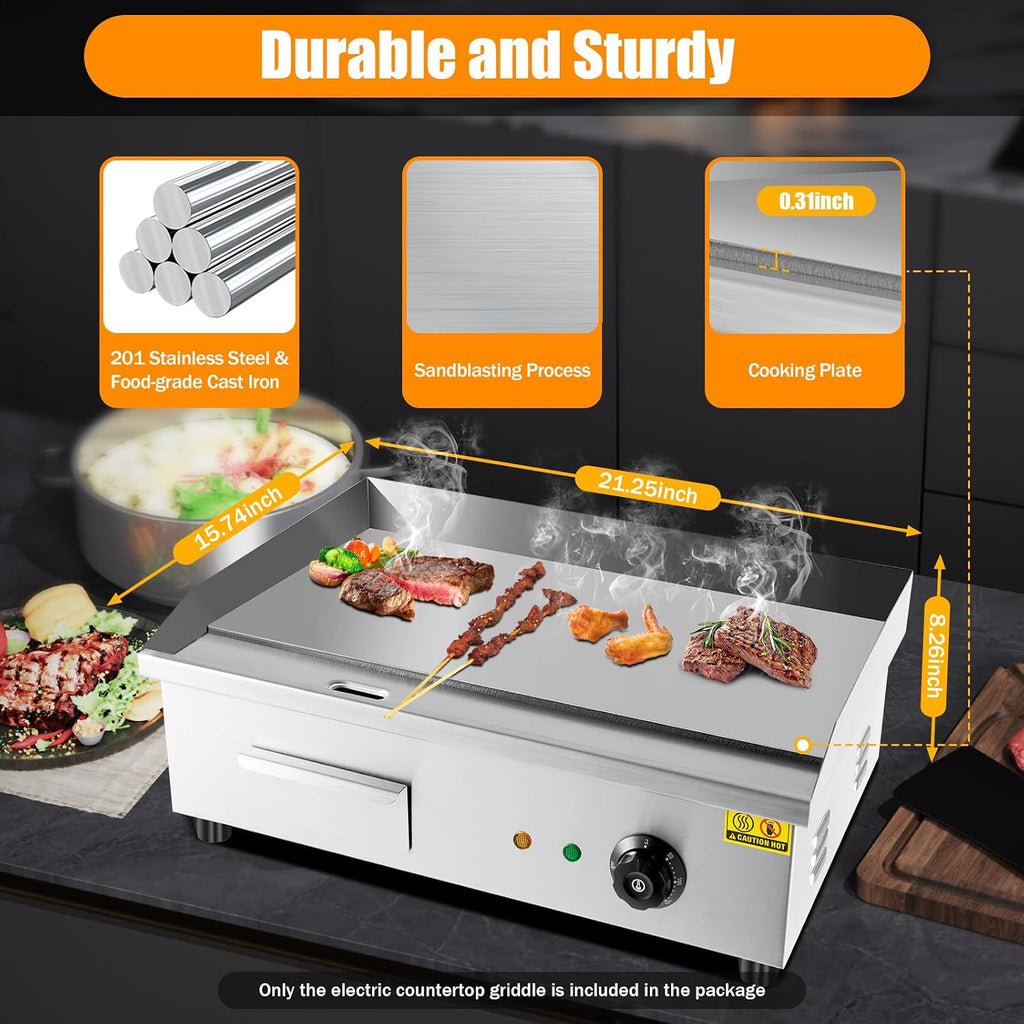110V 3000W 22' Commercial Electric Countertop Griddle, Stainless Steel BBQ Flat Top Grill Hot Plate with Adjustable tatic Control 50°F-300°F, Restaurant Grill for Kitchen