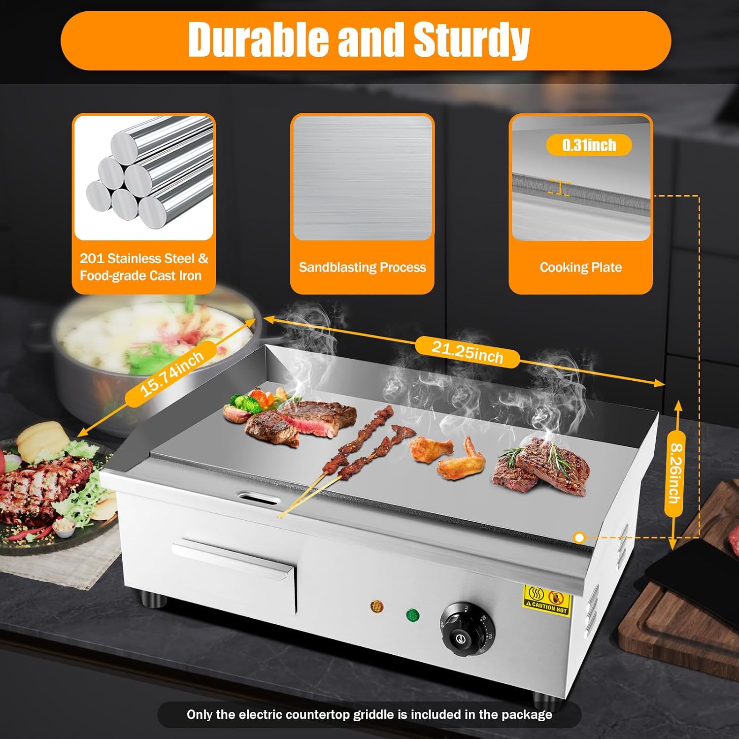 110V 3000W 22' Commercial Electric Countertop Griddle, Stainless Steel BBQ Flat Top Grill Hot Plate with Adjustable tatic Control 50°F-300°F, Restaurant Grill for Kitchen