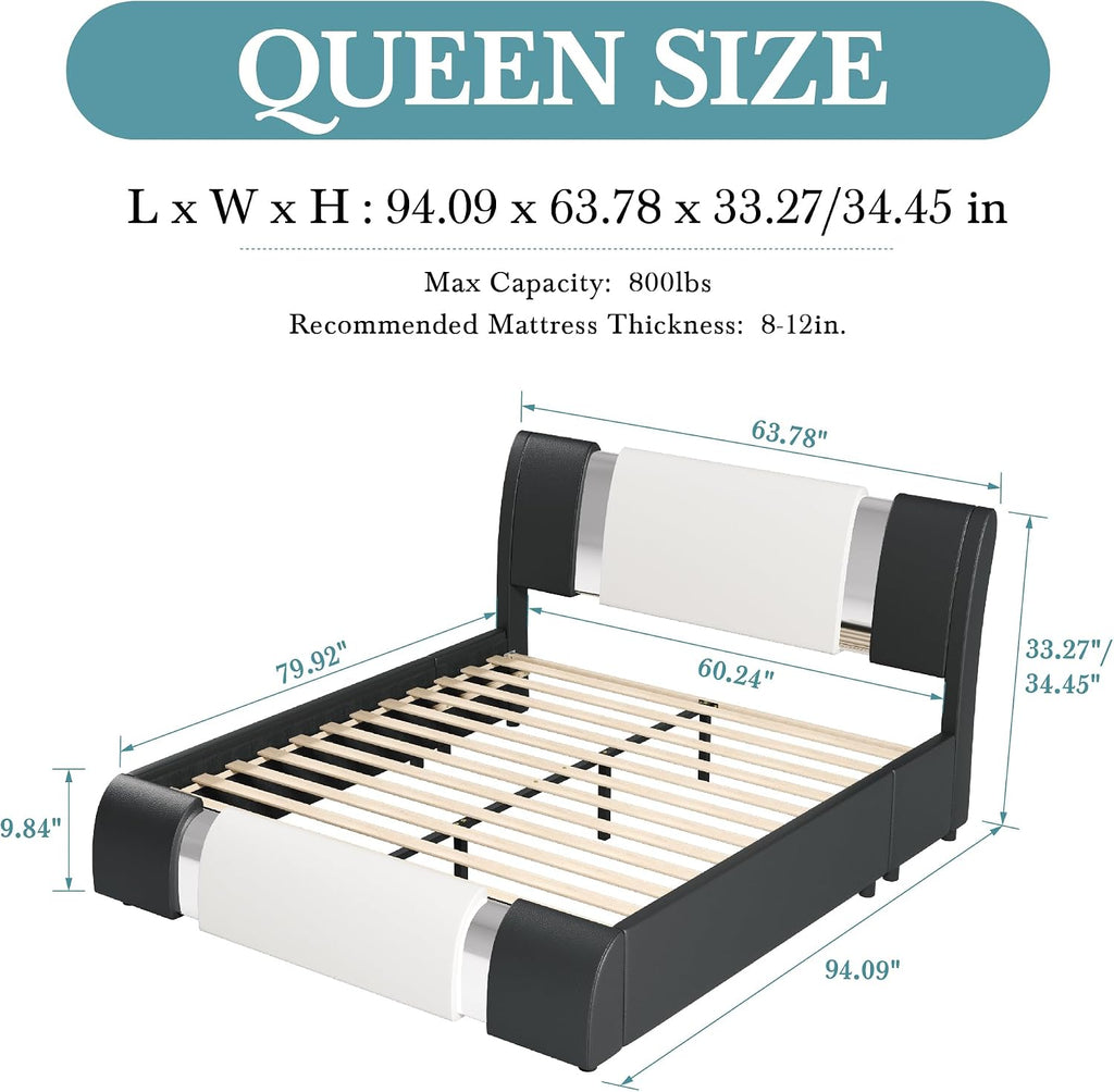 HOOMIC Modern Queen Faux Leather Bed Frame with Iron Pieces Decor, Low Profile Platform Bed with Height-Adjustable Headboard, Solid Wood Slat Support, No Box Spring Needed, Black & White