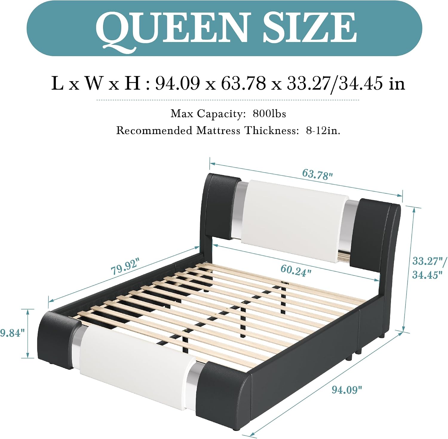 HOOMIC Modern Queen Faux Leather Bed Frame with Iron Pieces Decor, Low Profile Platform Bed with Height-Adjustable Headboard, Solid Wood Slat Support, No Box Spring Needed, Black & White
