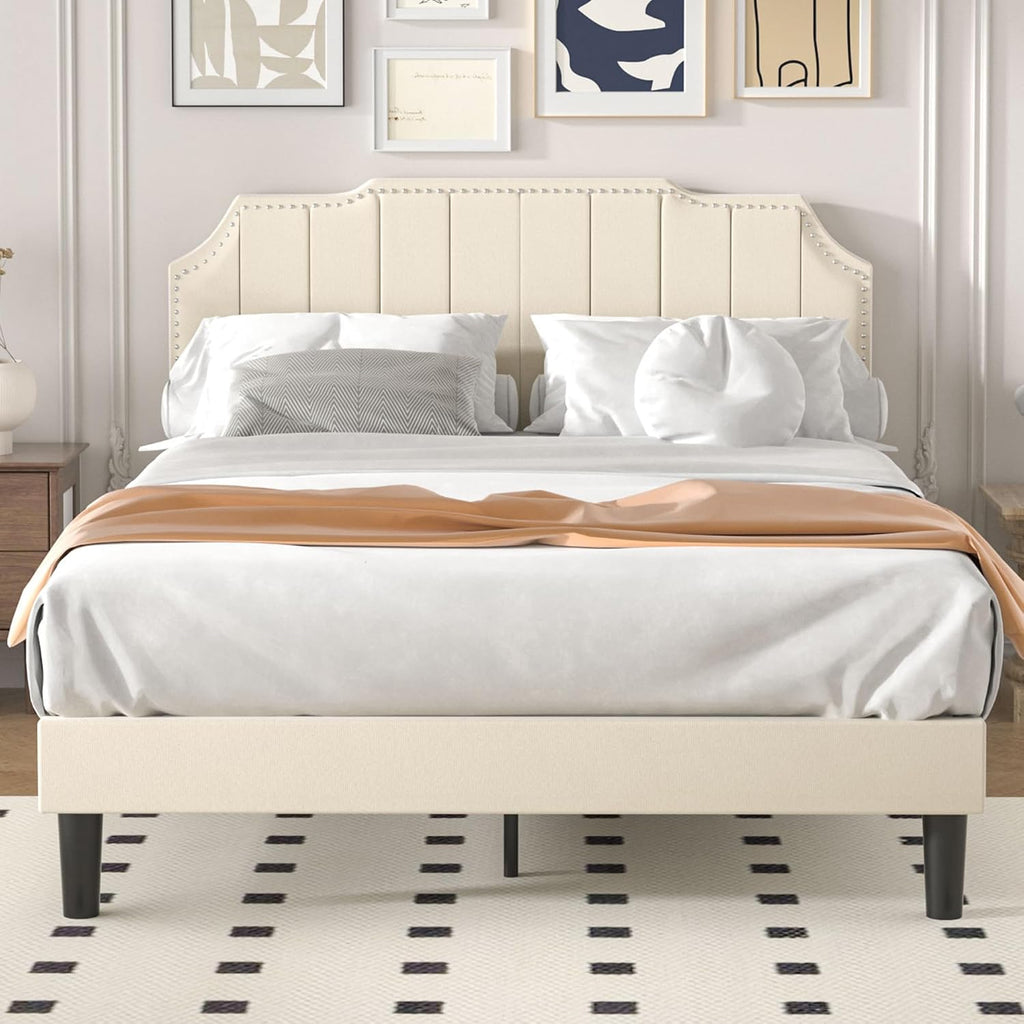 VECELO Upholstered Platform Full Bed Frame with Tufted Adjustable Headboard/Mattress Foundation/Wood Slat Support,Easy Assembly,Beige