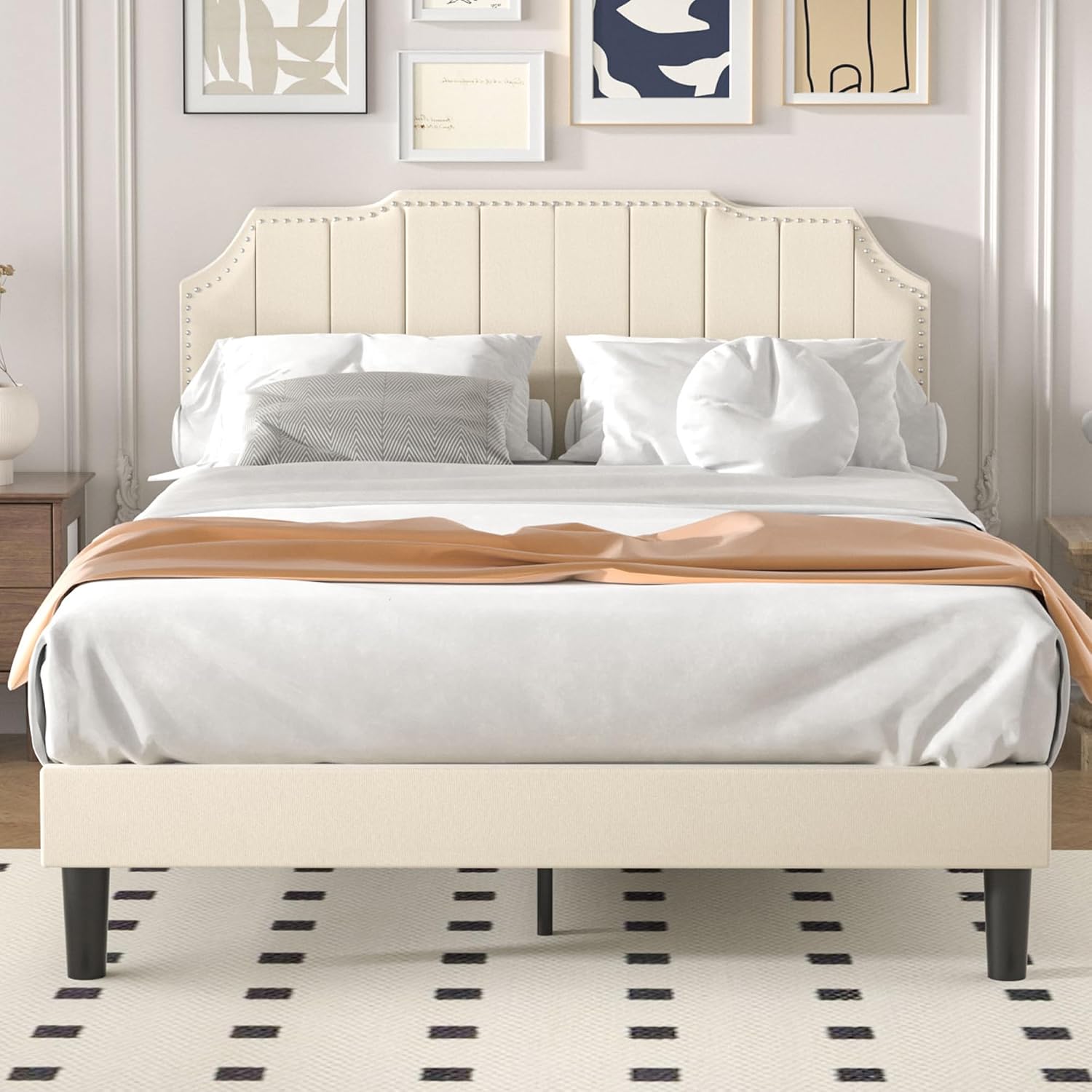 VECELO Upholstered Platform Full Bed Frame with Tufted Adjustable Headboard/Mattress Foundation/Wood Slat Support,Easy Assembly,Beige