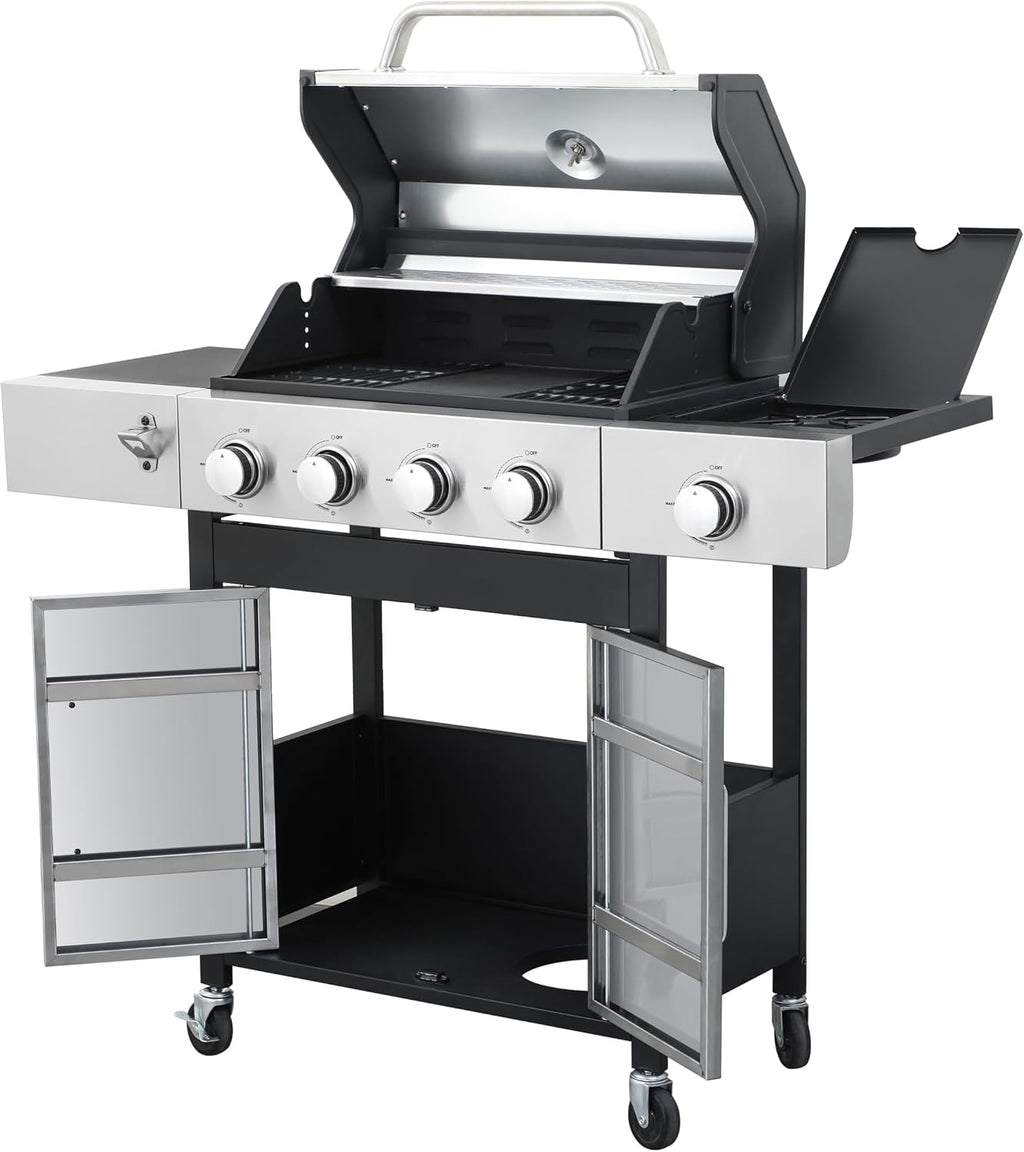 3-Burner Propane Gas BBQ Grill, Stainless Steel Propane Grill 36,900 BTU Outdoor Cabinet Style with Wheels, Wire Rack and Two Foldable Side Table for Outdoor Barbecue Cooking (5-Burner Grill,Silver)