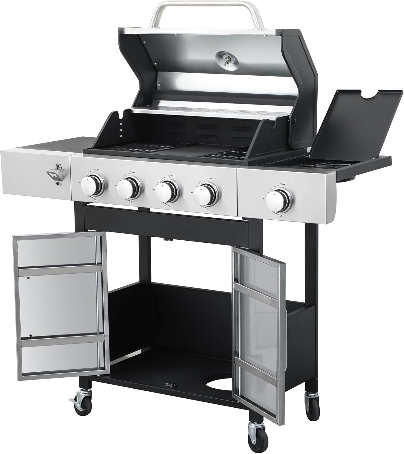 3-Burner Propane Gas BBQ Grill, Stainless Steel Propane Grill 36,900 BTU Outdoor Cabinet Style with Wheels, Wire Rack and Two Foldable Side Table for Outdoor Barbecue Cooking (5-Burner Grill,Silver)
