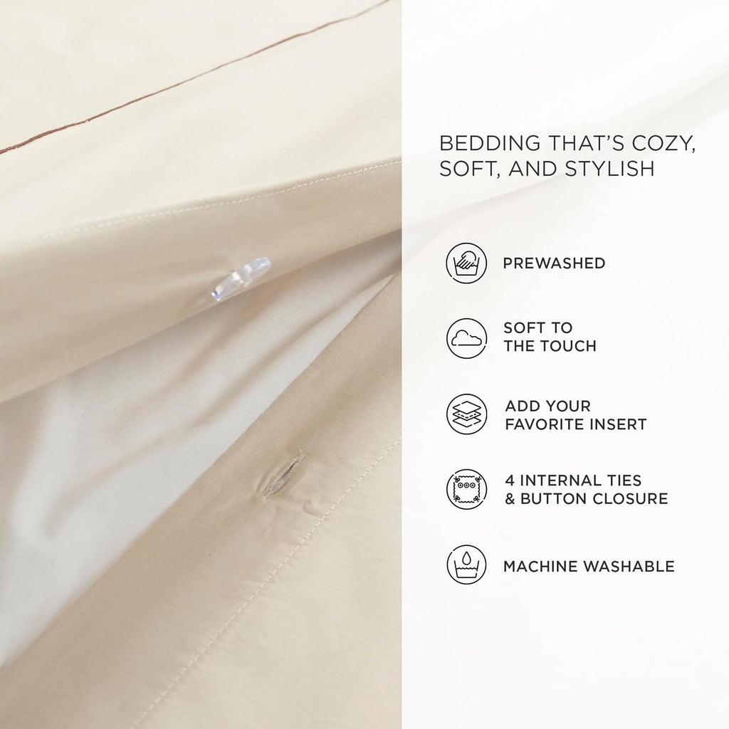 Lush Decor Hampton Double Flange Embroidered Contrast Edge Cotton Duvet Cover Set, 3 Piece Set, Full/Queen, Neutral & Copper - Luxury Hotel Bedding Set - Beige Duvet Cover - Minimalist Decor