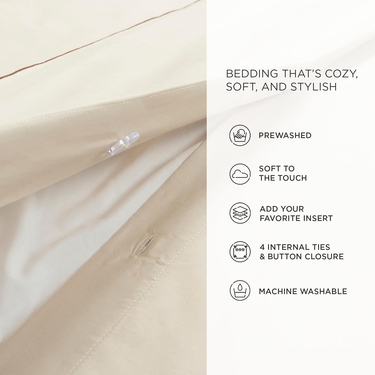 Lush Decor Hampton Double Flange Embroidered Contrast Edge Cotton Duvet Cover Set, 3 Piece Set, Full/Queen, Neutral & Copper - Luxury Hotel Bedding Set - Beige Duvet Cover - Minimalist Decor