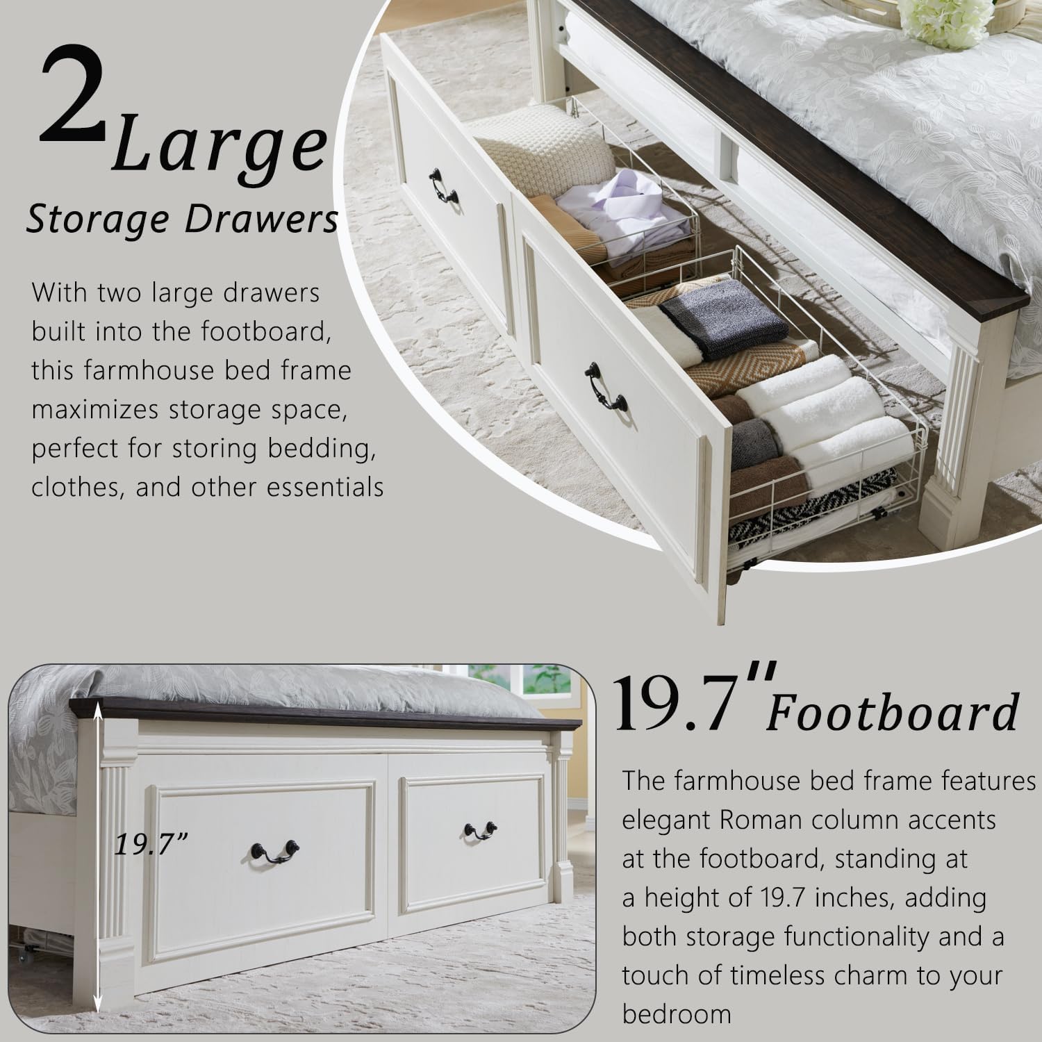 Aitjunz Farmhouse Queen Size Bed Frame with 51' Tall Headboard, Wood Platform Bed Frame with 20' Tall Roman Column Decoration Footboard & 2 Large Storage Drawers, No Box Spring Needed (White)