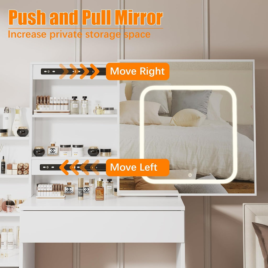 Vanity Desk With Mirror and LED Lights, Makeup Vanity Desk With Sliding Mirror, Power Outlet, 3 Color Adjustable Light, Dressing Table With 4 Drawers, Storage Shelves & Stool for Bedroom, White