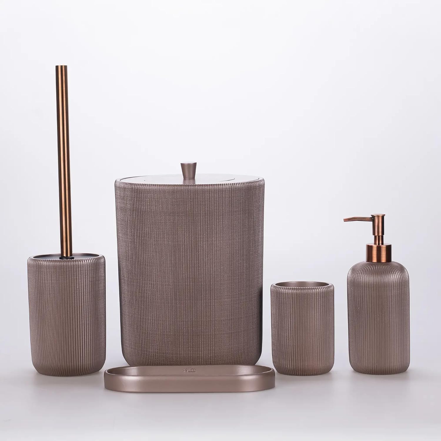Lydia Collection 5-Piece Resin Bathroom Accessories Set – Toilet Brush Holder, Waste Bin, Soap Dispenser, Tray & Toothbrush Holder (Taupe)