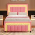 HOMBCK Twin Bed Frames for Kids, Twin Size Bed Frame with LED Lights and Velvet Upholstered Adjustable Headboard, Princess Diamond Design, Wooden Slats Support, Noise Free, No Box Spring Needed, Pink