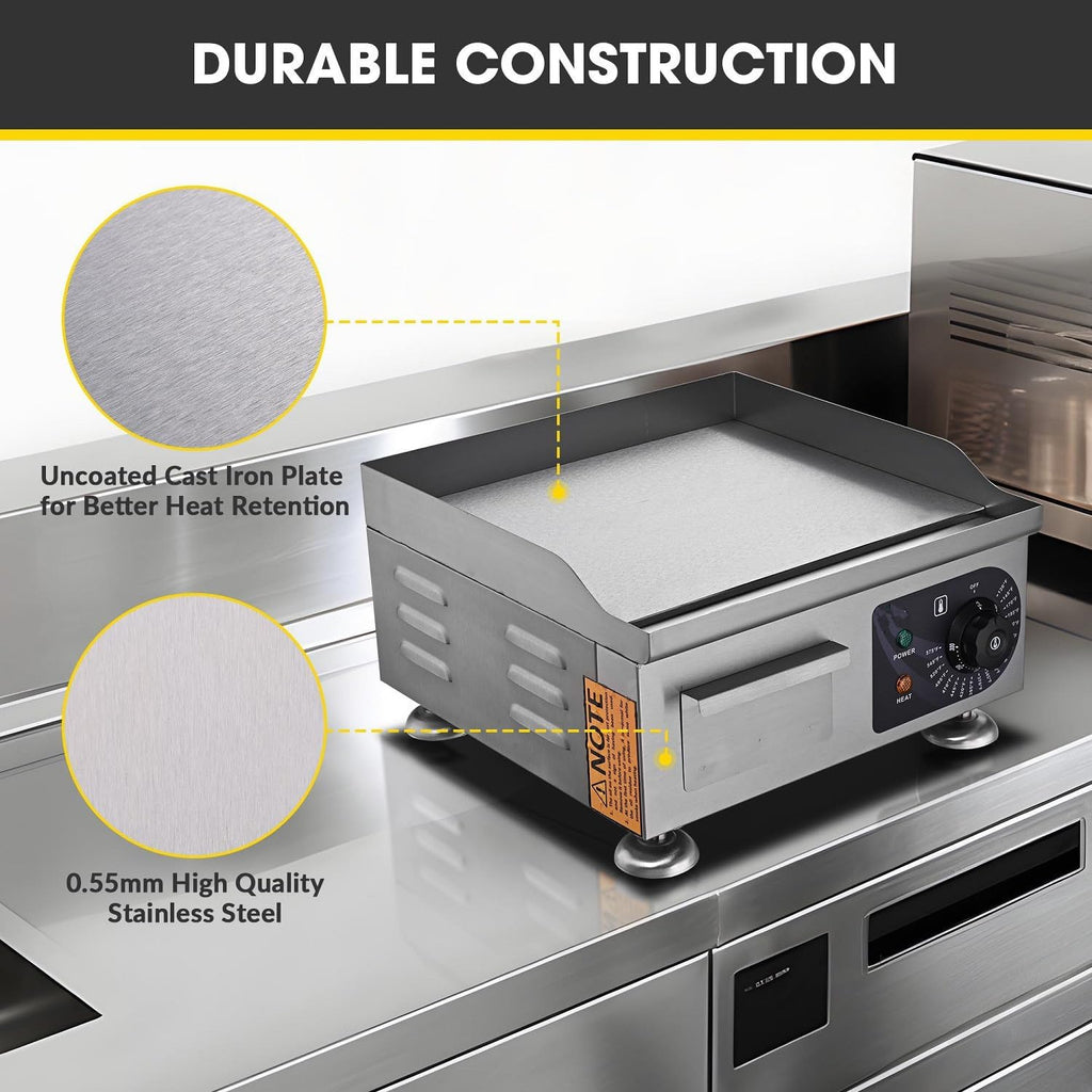 Electric Countertop Griddle 14 inch 1800W Commercial Electric Griddle Adjustable Temperature 120℉-575℉ Flat Top Restaurant Grill Non-Stick Flat (14 inch)