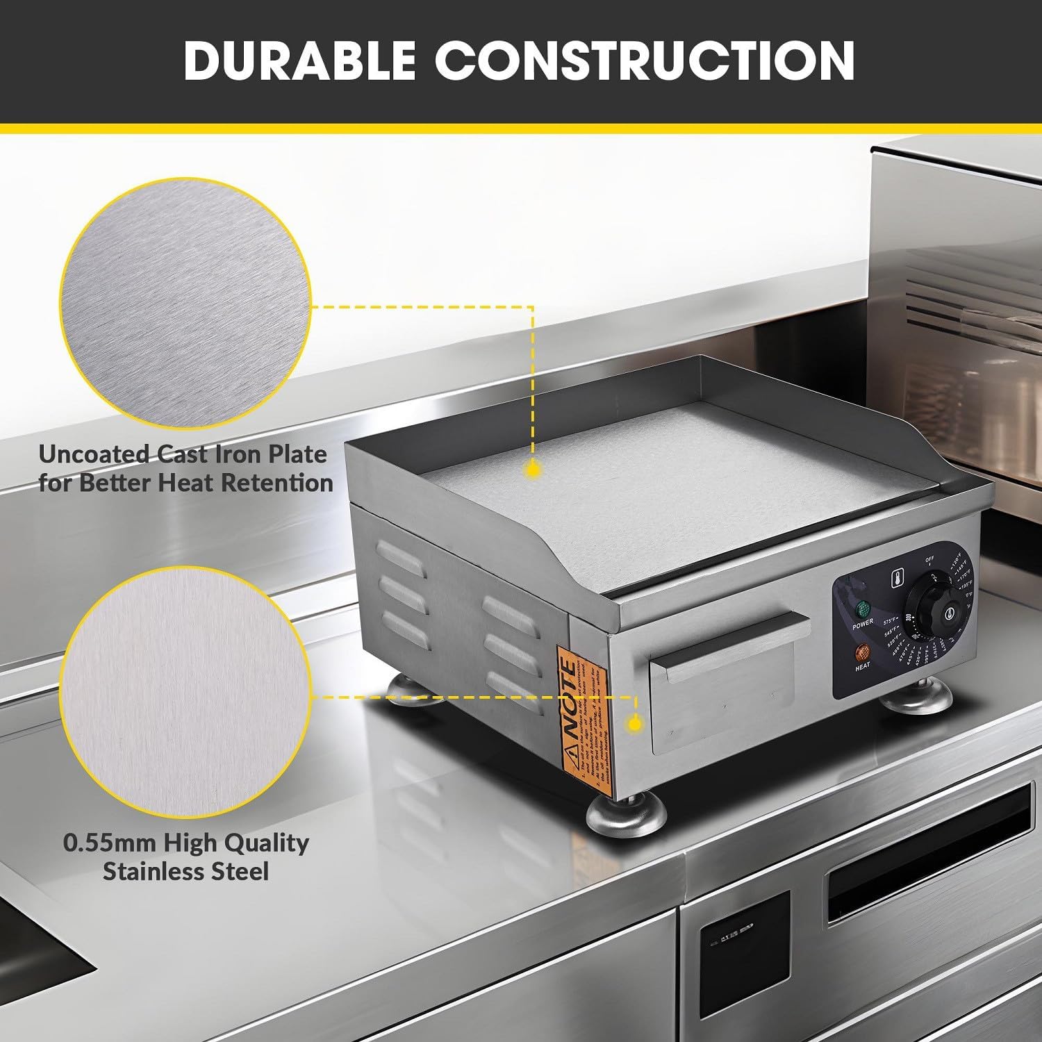Electric Countertop Griddle 14 inch 1800W Commercial Electric Griddle Adjustable Temperature 120℉-575℉ Flat Top Restaurant Grill Non-Stick Flat (14 inch)