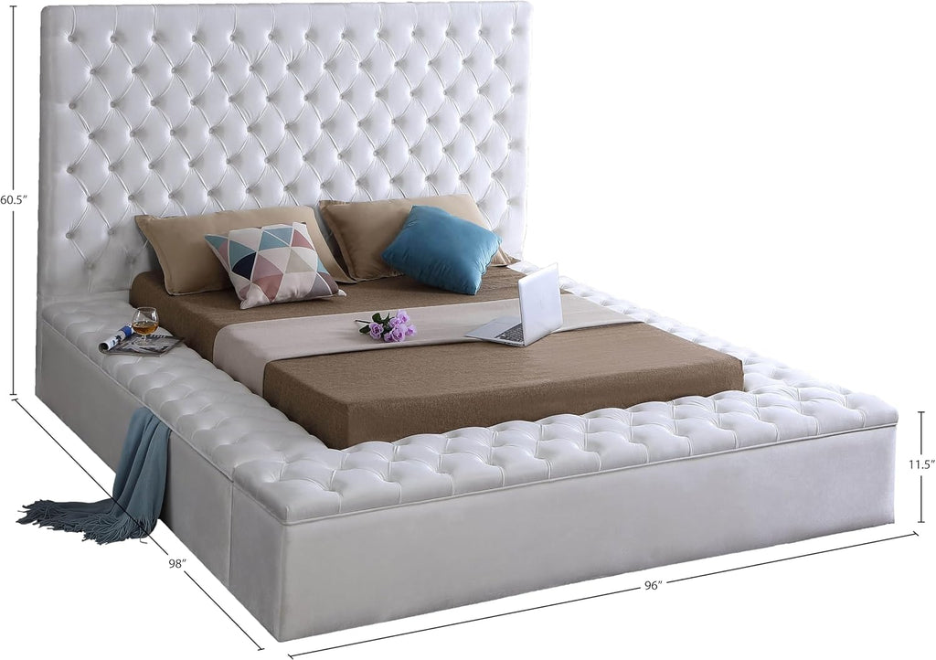 Meridian Furniture Bliss Collection Modern | Contemporary Velvet Upholstered Bed with Deep Button Tufting and Storage Compartments in Rails and Footboard, White, King