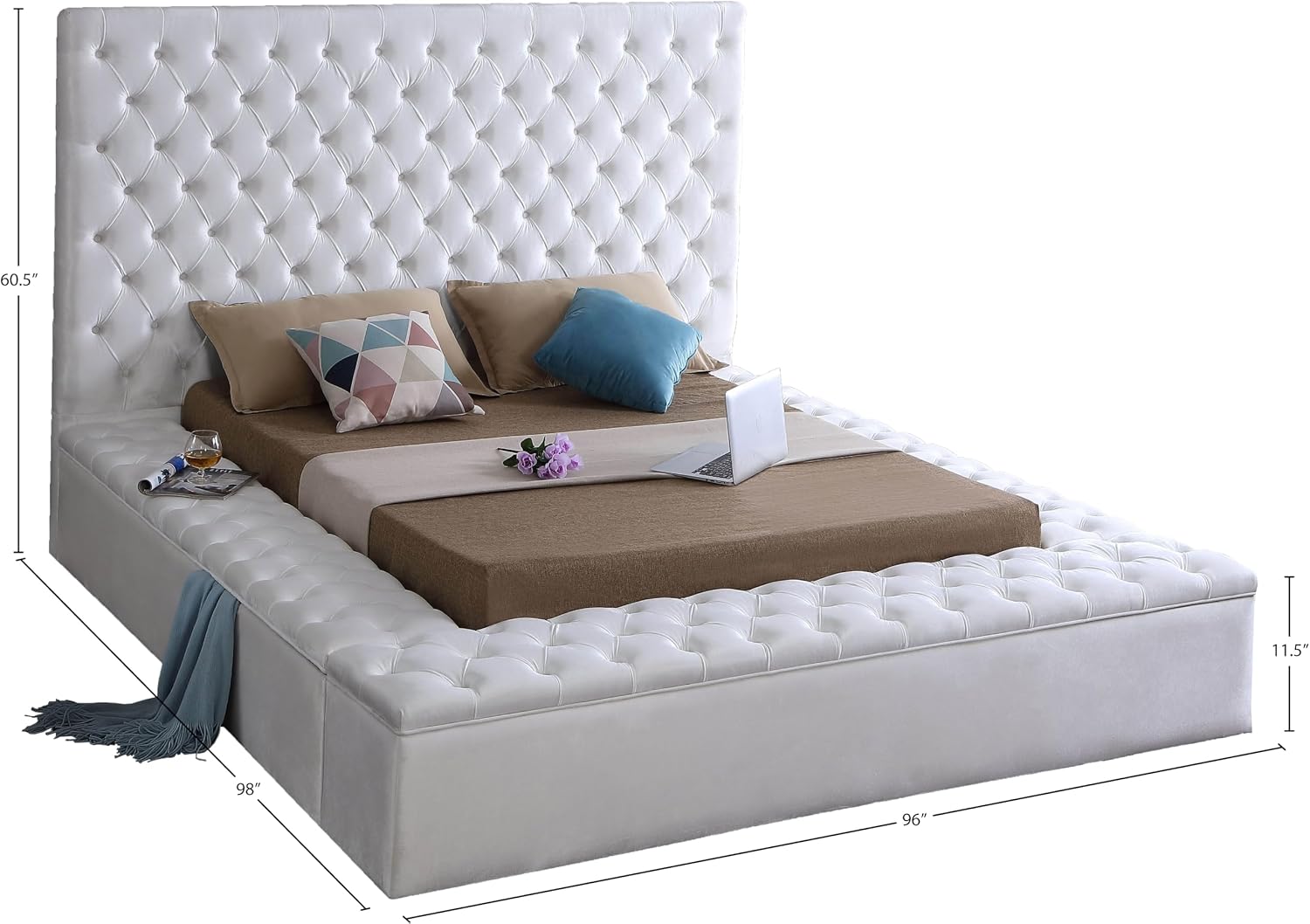 Meridian Furniture Bliss Collection Modern | Contemporary Velvet Upholstered Bed with Deep Button Tufting and Storage Compartments in Rails and Footboard, White, King