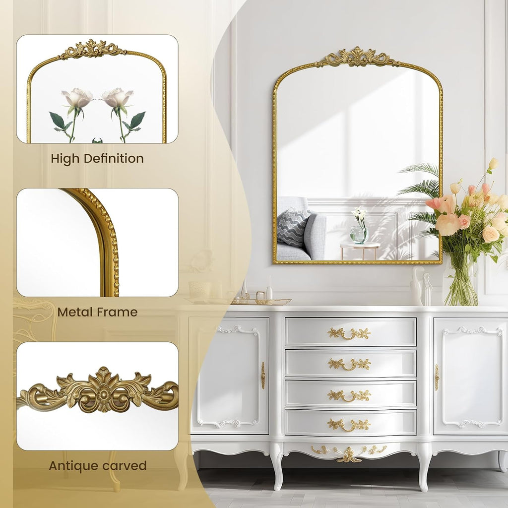 WallBeyond Gold Vintage Mirror for Vanity 28x36 Inch, Gold Antique Mirror with Ornate Frame, Arched Vintage Wall for Bathroom, Living Room, Fireplace, Entryway