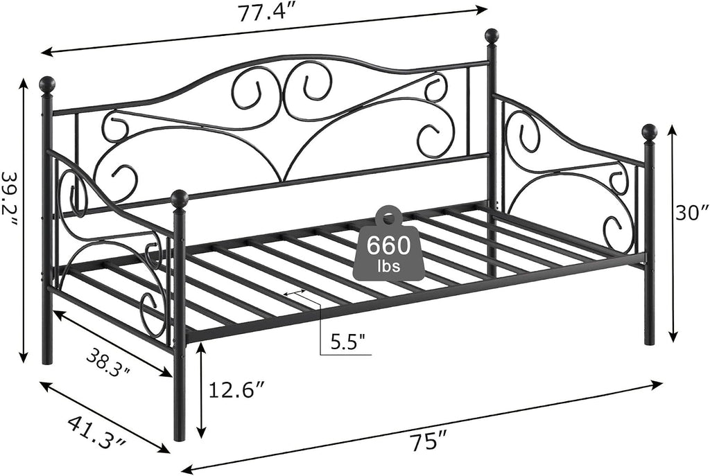 VECELO Daybed Frame, Twin Size Metal Platform Bed with Headboard,Heavy Duty Steel Slats Support for Living Room Bedroom Guest Room, Easy Assembly