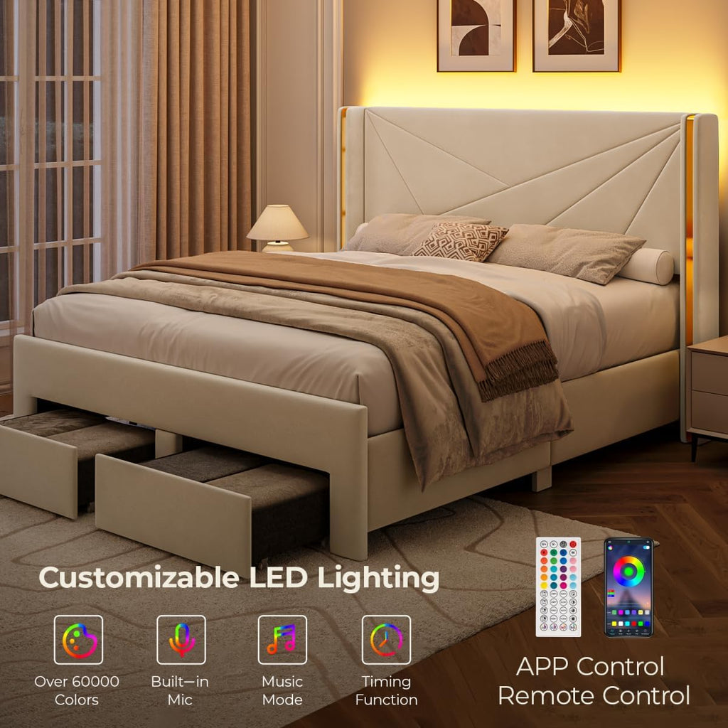 Full Size Bed Frame with Storage Drawers and Wingback Headboard, Velvet Upholstered Full Bed Frames Platform Bed with LED Lights, Wooden Slats Support, No Box Spring Needed, Noise-Free, Beige