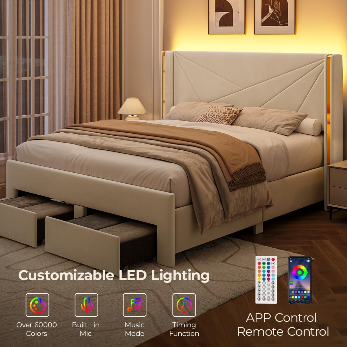 Full Size Bed Frame with Storage Drawers and Wingback Headboard, Velvet Upholstered Full Bed Frames Platform Bed with LED Lights, Wooden Slats Support, No Box Spring Needed, Noise-Free, Beige