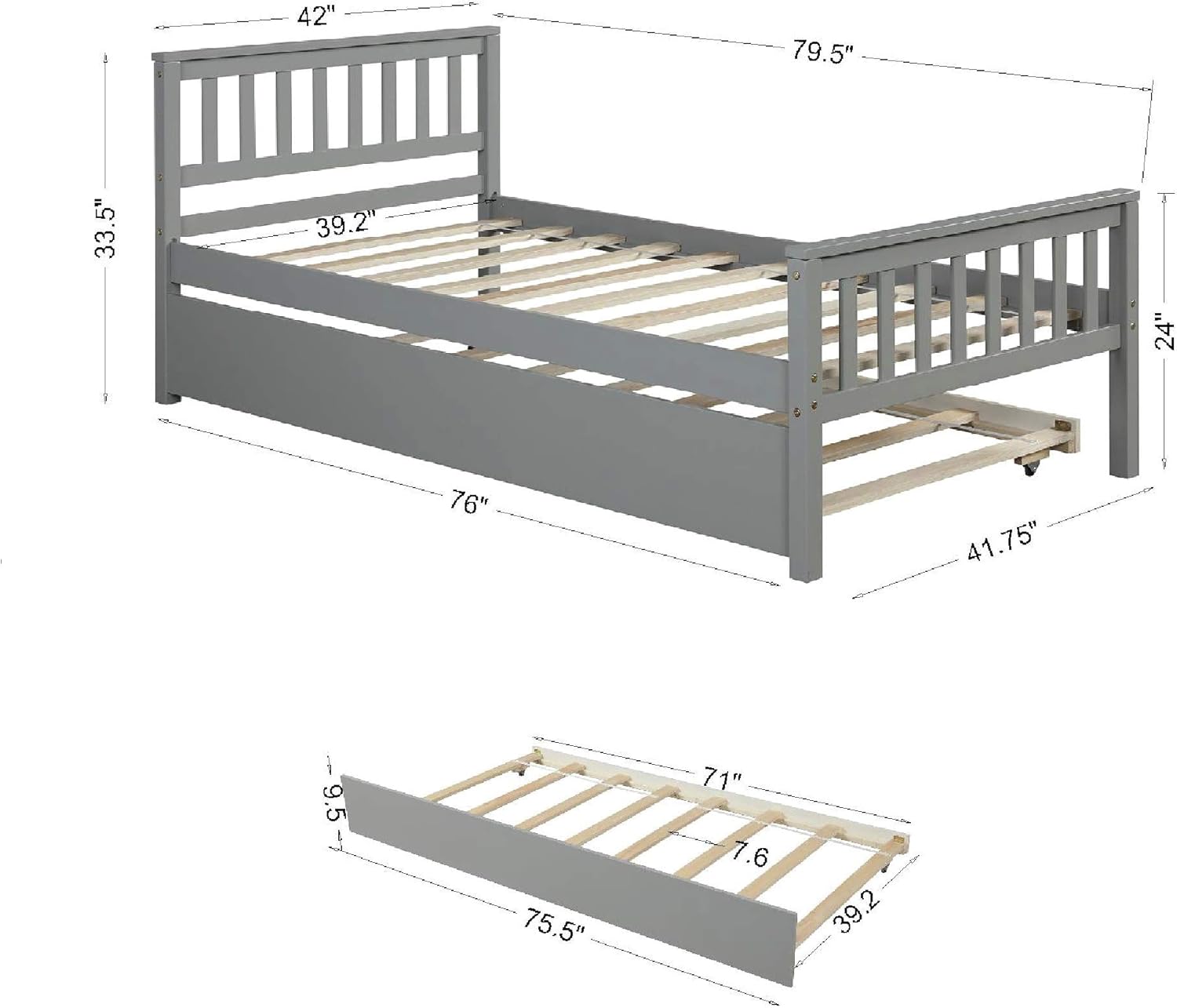 Bellemave Twin Kids Bed with Storage Twin Trundle, Wood Daybed for Kids, Adults, Gray