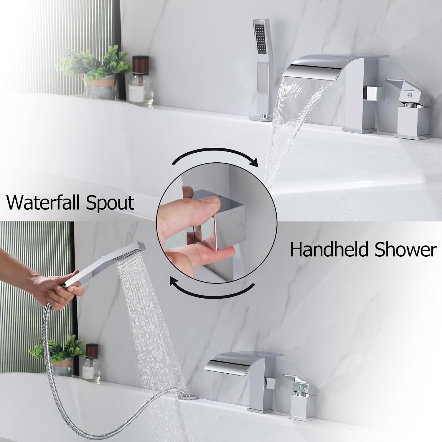 Waterfall Roman Tub Faucet with Hand Shower, Deck Mount Tub Filler Bathtub Faucet with Sprayer, Single Handle Bathtub Faucet Set, Brass Widespread 3 Hole Bathtub Shower Faucet Set, Chrome