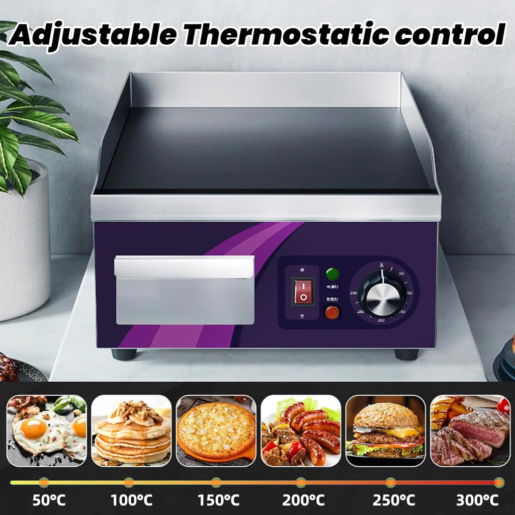 Commercial Griddle Electric 14', Electric Countertop Flat Top Griddle 2000W Non-Stick Stainless Steel Restaurant Grill for Kitchen Adjustable Temperature Control 122°F-572°F