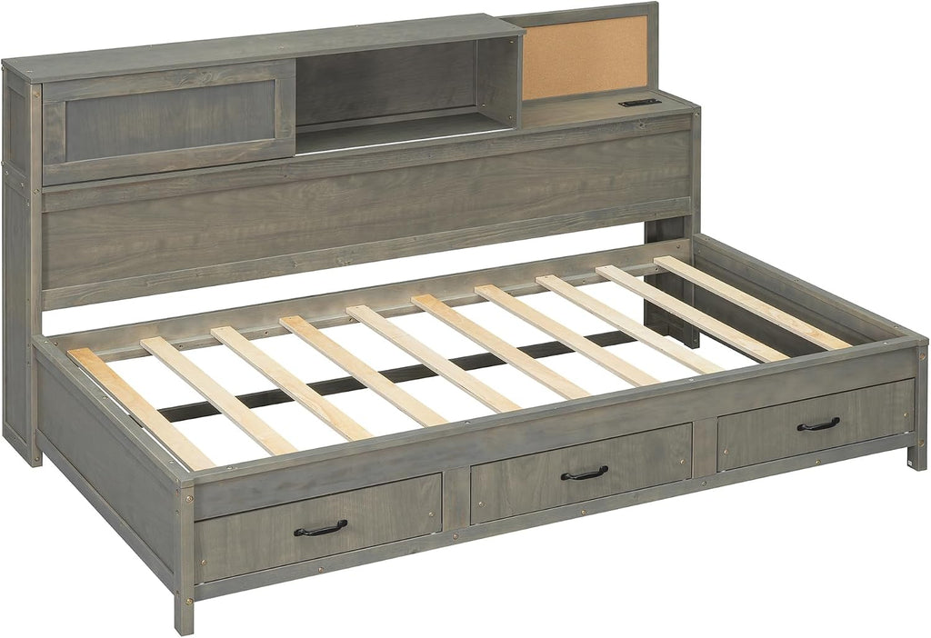 Wooden Daybed with 3 Storage Drawers, Upper Soft Board, Shelf, and a Set of Sockets and USB Ports, Twin Size, Gray