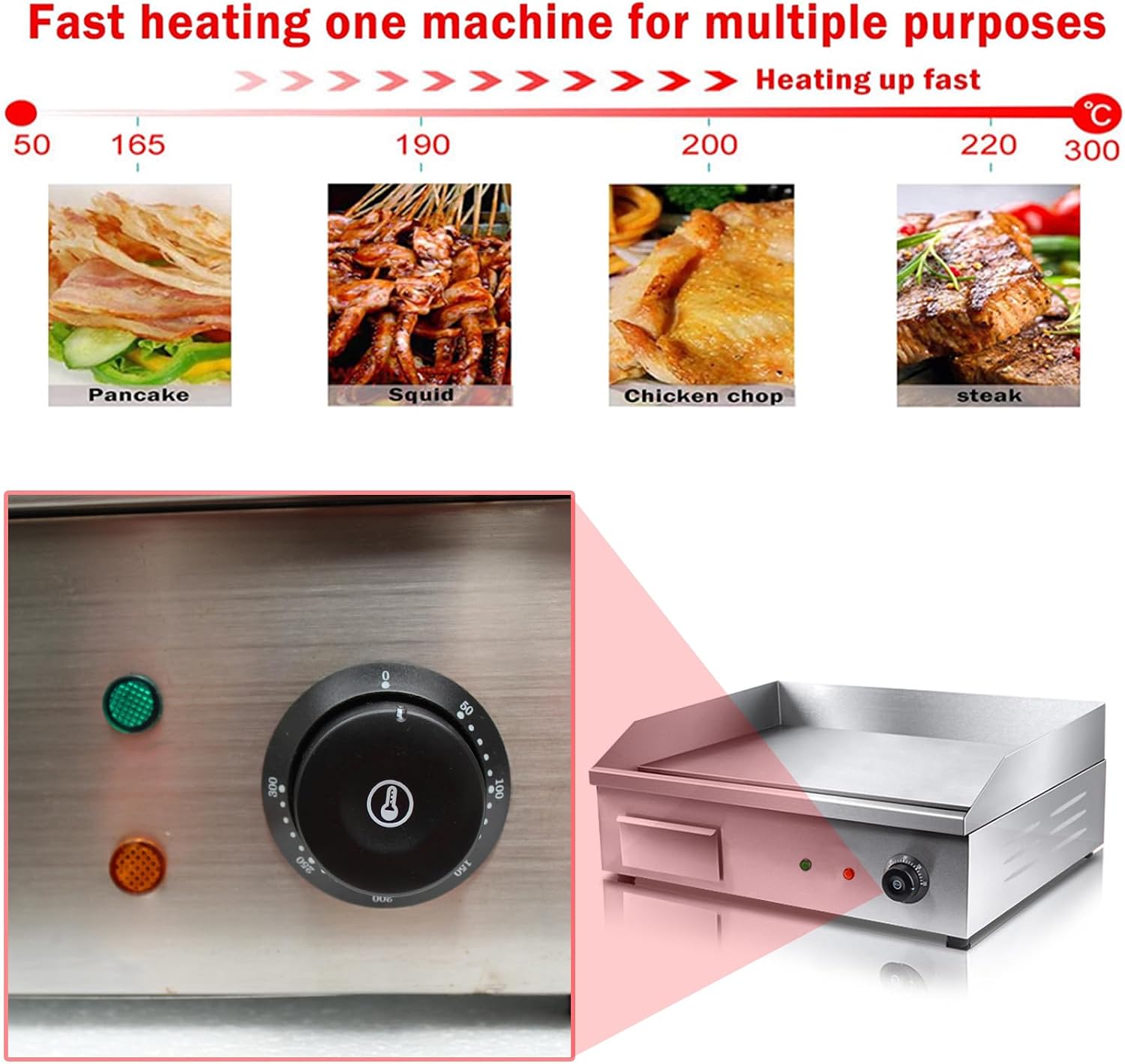 21' Commercial Electric Griddle, Stainless Steel Countertop Griddle Flat Top Grill Hot Plate BBQ 3000W Adjustable Thermostatic Control 122°F-572°F for Kitchen Restaurant