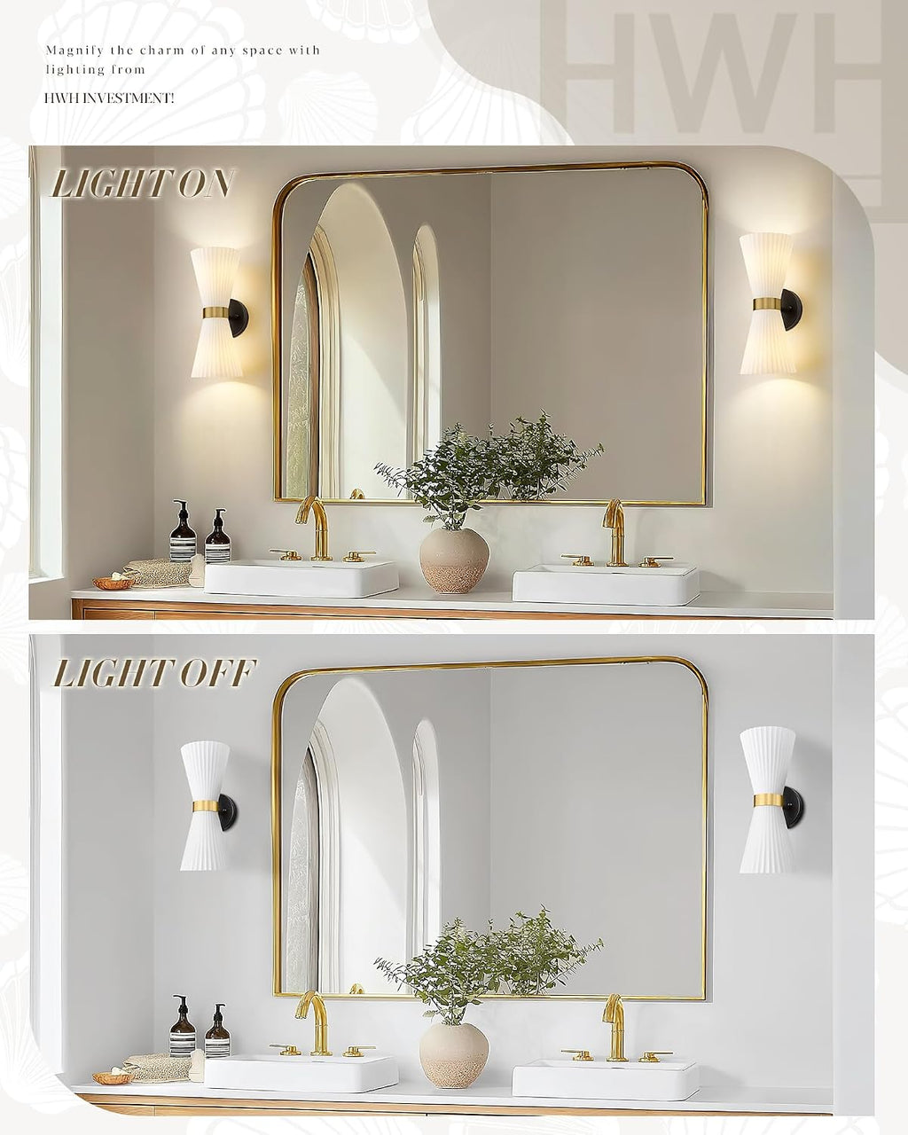 Wall Sconces Set of Two, HWH 14.3 Inch Black and Gold Bathroom Sconces with Frosted Milk White Striped Glass, Up Down Modern Wall Light fixtures for Living Room Bedroom, 5HZG97B-2W-2PK BK+BG