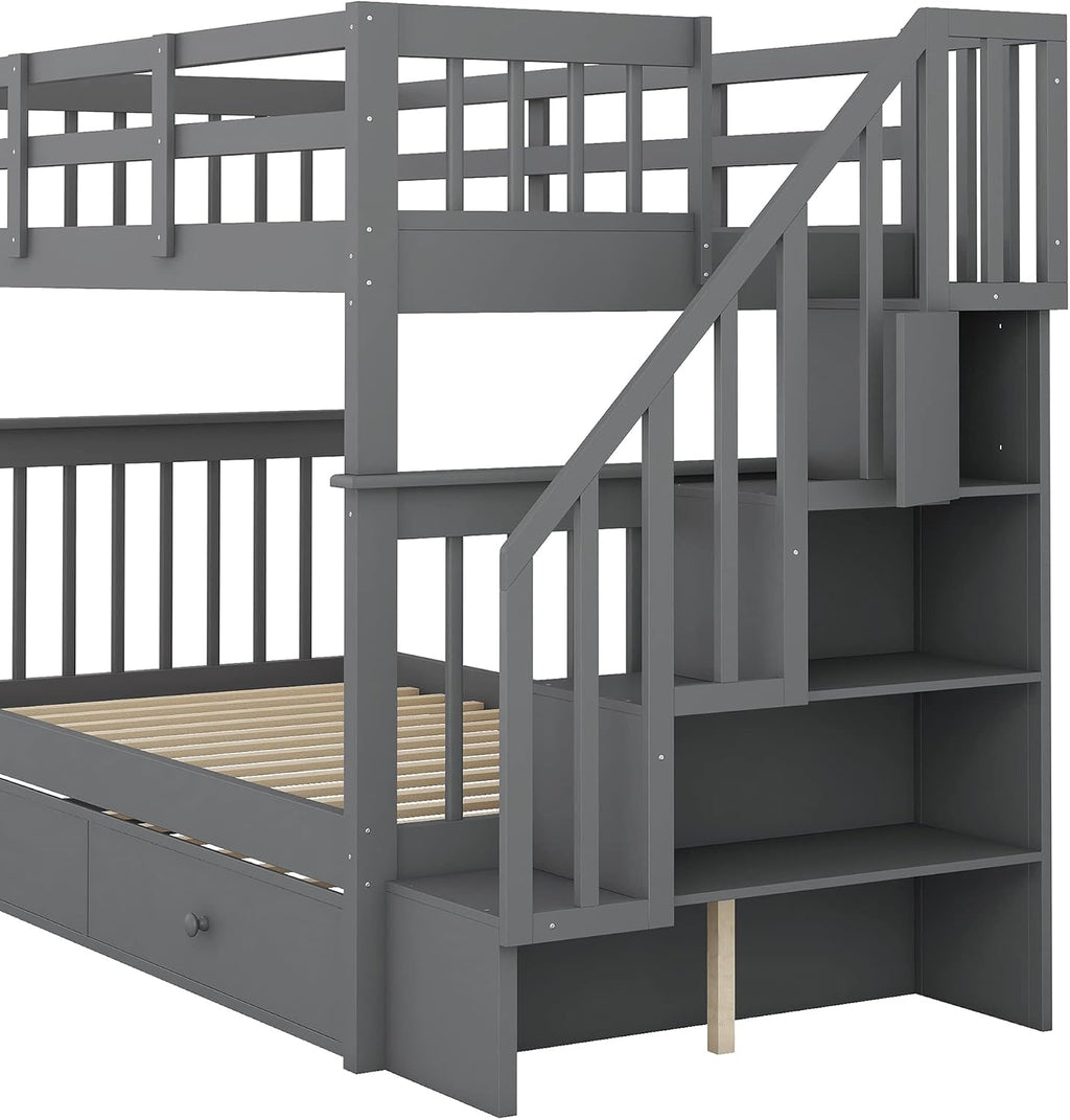 Harper & Bright Designs Twin-Over-Twin Bunk Bed with Trundle and Storage Staircase, Solid Wood 3 in 1 Stairway Bunk Bed with Trundle, Grey