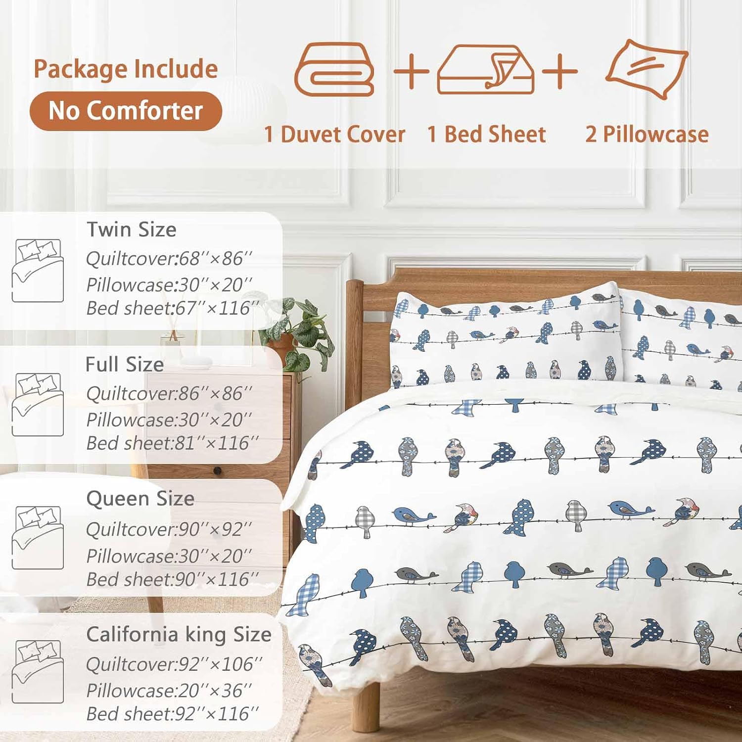 Prime Leader Birds on the Wire Blue Grey Duvet Cover Set Queen Size 4 Pieces Bedding Set with Zipper Closure, 1 Comforter Cover 86x86 Inches 1 Flat Sheet & 2 Pillow Cases
