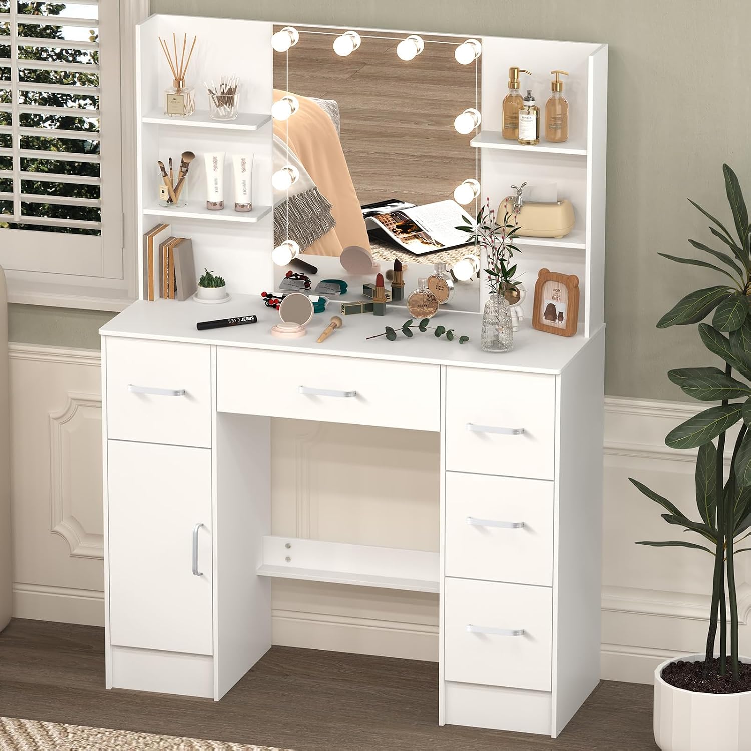 Makeup Vanity Desk with Mirror and Lights, Makeup Vanity Table and Chair Set, Makeup Desk with 5 Drawers & Storage Shelves, 3 Color Modes Adjustable, Vanity Set with Mirror, Dressing Table for Bedroom