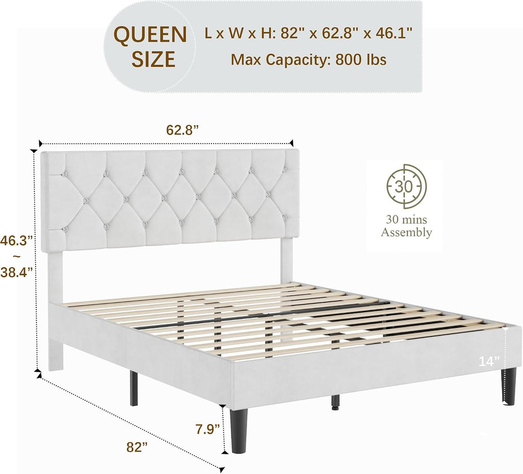 VECELO Queen Size Bed Frame with Diamond Tufted Headboard, Upholstered Platform Bedframe with Wood Slat Support, No Box Spring Needed, Velvet & White