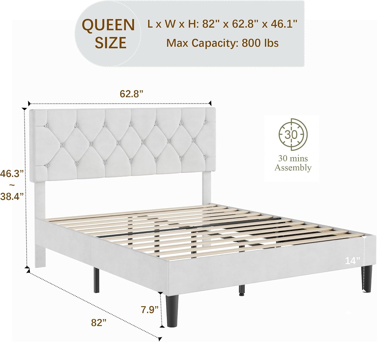 VECELO Queen Size Bed Frame with Diamond Tufted Headboard, Upholstered Platform Bedframe with Wood Slat Support, No Box Spring Needed, Velvet & White