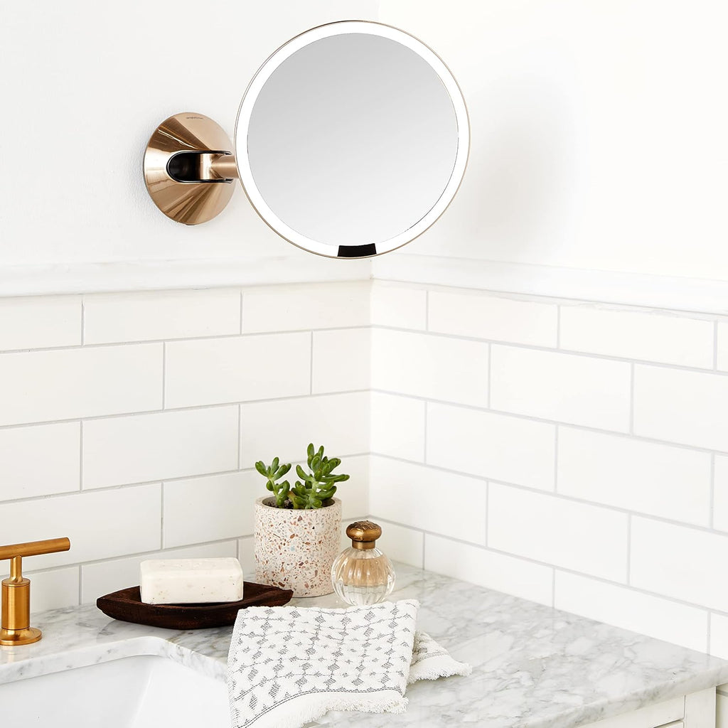 simplehuman Sensor Mirror, Wall Mount Makeup Mirror with Light, 8' Round Lighted with Magnification (5X), Hard Wired, Swing Arm, Brass Stainless Steel
