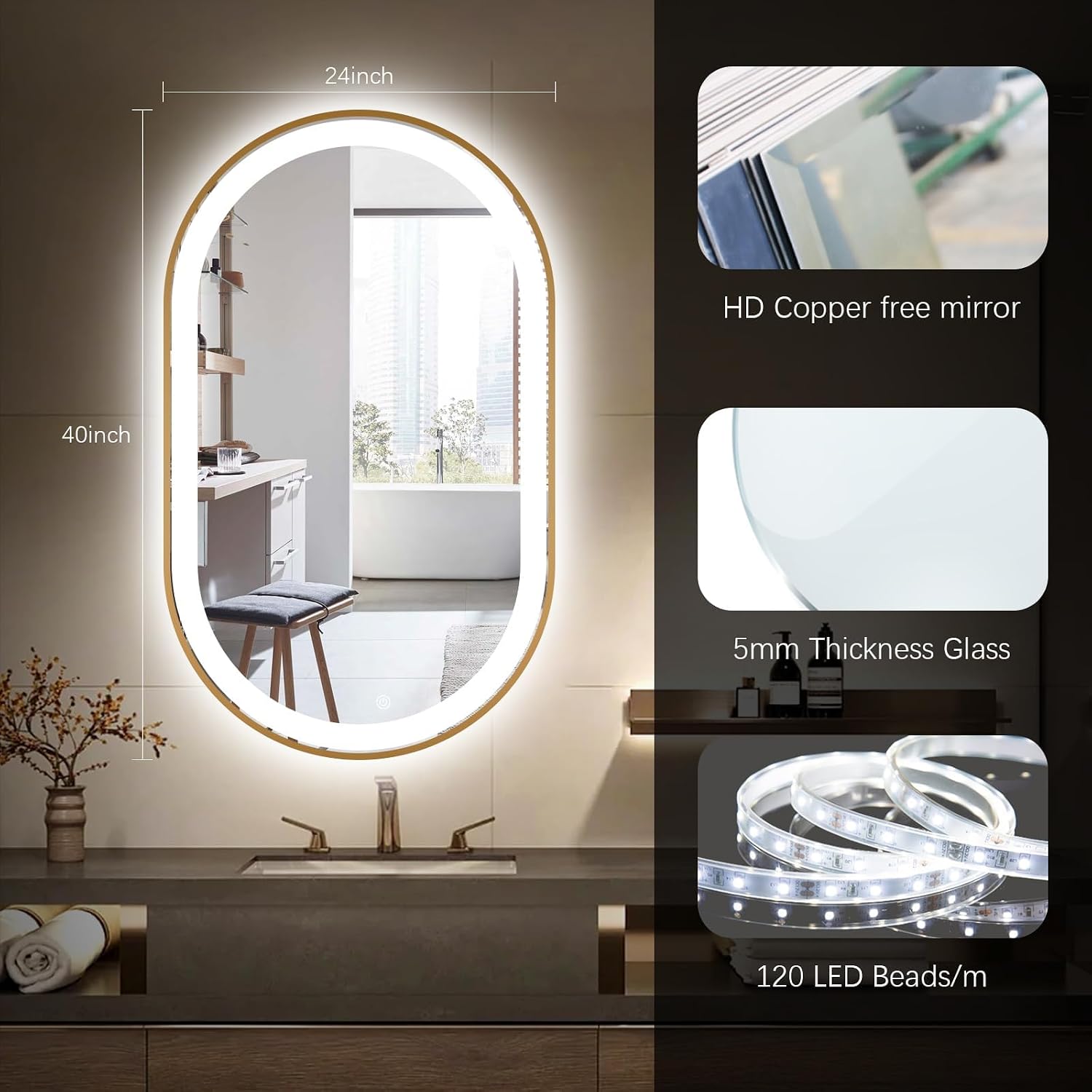 Oval LED Bathroom Mirror, 36'x24' Backlit Vanity Mirror with Light for Wall with Gold Frame, Anti-Fog, Dimmable, Frontlit, 3 Colors, Memory Function, IP65 Waterproof, UL Listed, Horizontal/Vertical