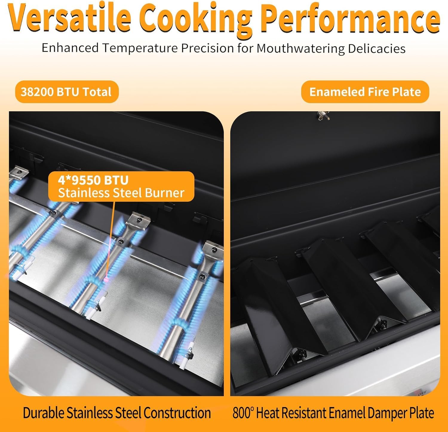 4 Burner Propane Grill | Portable Gas Grills with Foldable Cart Table and Wheels | Heavy Duty with Cast Iron Grate, Stainless Steel,40000 BTU Output, Easy Clean for BBQ Outdoor Grill