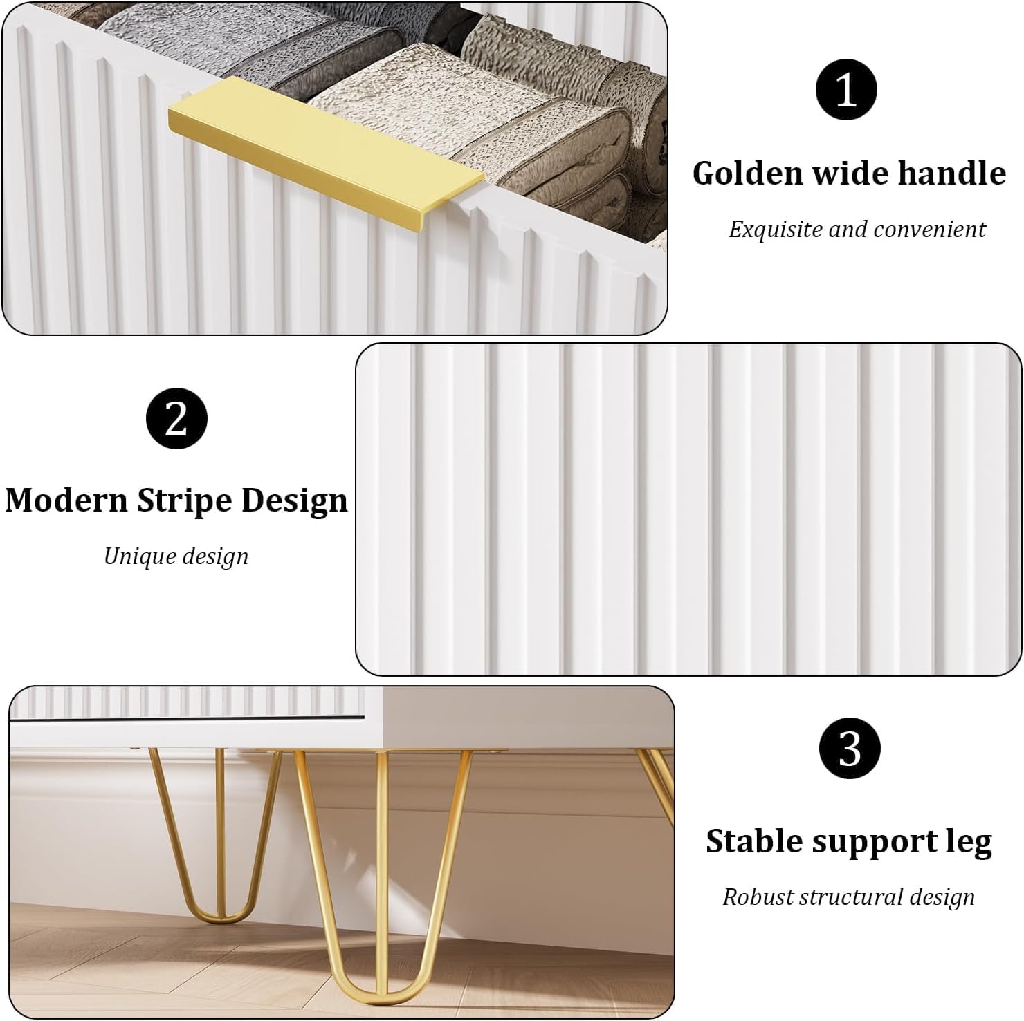 MAISONARIA 3-Piece Dresser Bedroom Set, 6 Drawer Dresser & 3 Drawer Dresser with Gold Handles, Fluted Wood Chest of Drawers for Bedroom, Living Room, Entryway, White