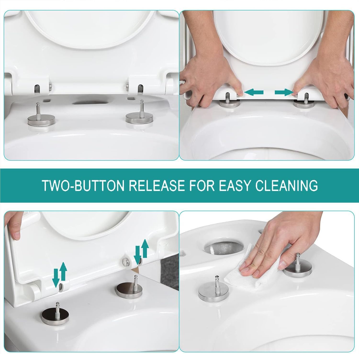 Toilet Seat White Toilet Seat 45X35.5Cm Rounded Square Toilet Seat with Quick-Release Stainless Steel Hinges for Easy to Install Also Easy to Clean, Soft Close Toilet Seat, Pp