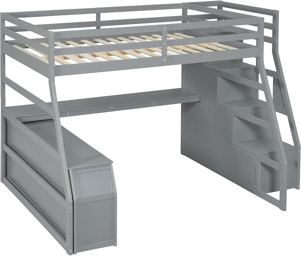 Bellemave Full Loft Bed with Desk & Storage Stairs Wood Loft Beds with Cabinet and 7 Drawers and 2 Shelves High Loft Bed Frame with Step for Kids, Juniors, Teen, Boys, Girls, Grey