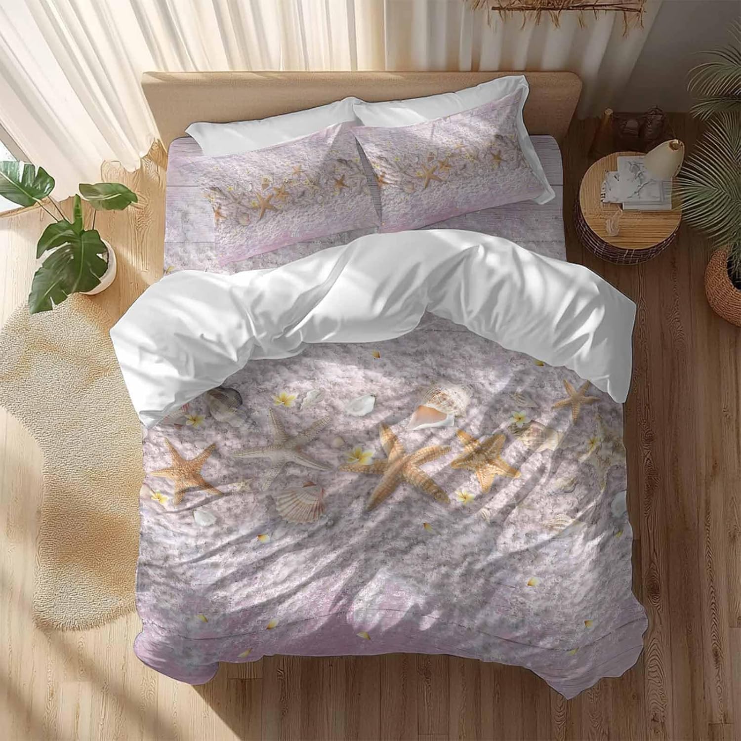 Summer Marine Life Duvet Cover Set Queen Size 4 Pieces Ocean Starfish Conch Shell Beach Pink Wood Grain Bedding Set with Zipper Closure, 1 Comforter Cover 92x106 Inches 1 Flat Sheet & 2 Pillow Cases