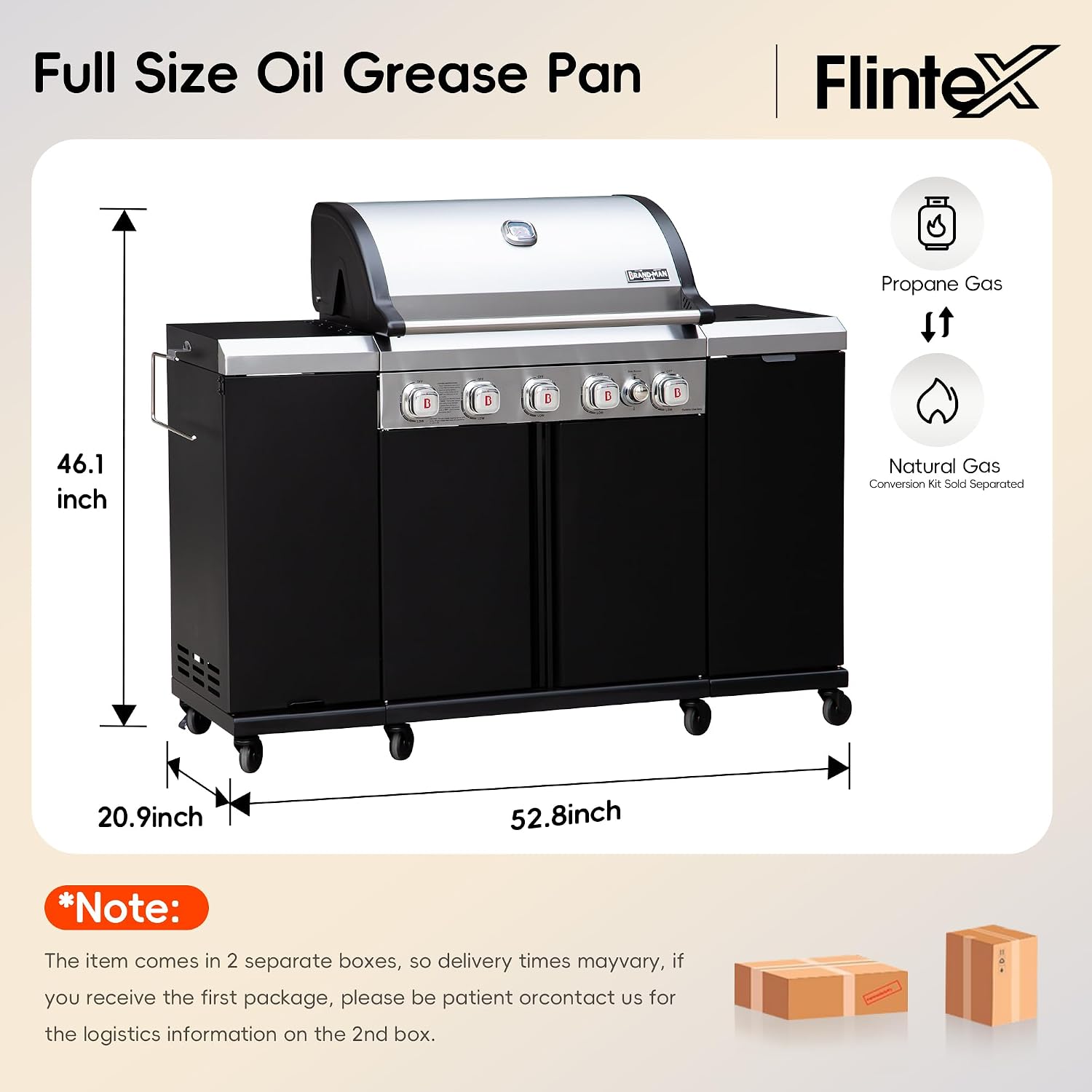 Flintex 5-Burner Propane Gas Kitchen Grill Island with Side Burner,52,000 BTU Stainless Steel BBQ Outdoor Griddle Grill Combo with LPG/NG Convertible and Storage Cabinets & Fold-out Table, Black