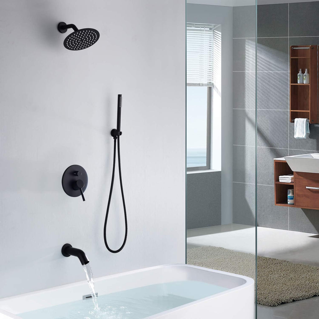 Matte Black Rain Shower Systems with Waterfall Tub Spout, Shower Faucets Sets Complete with 8 Inches Rain Shower Head and Handheld