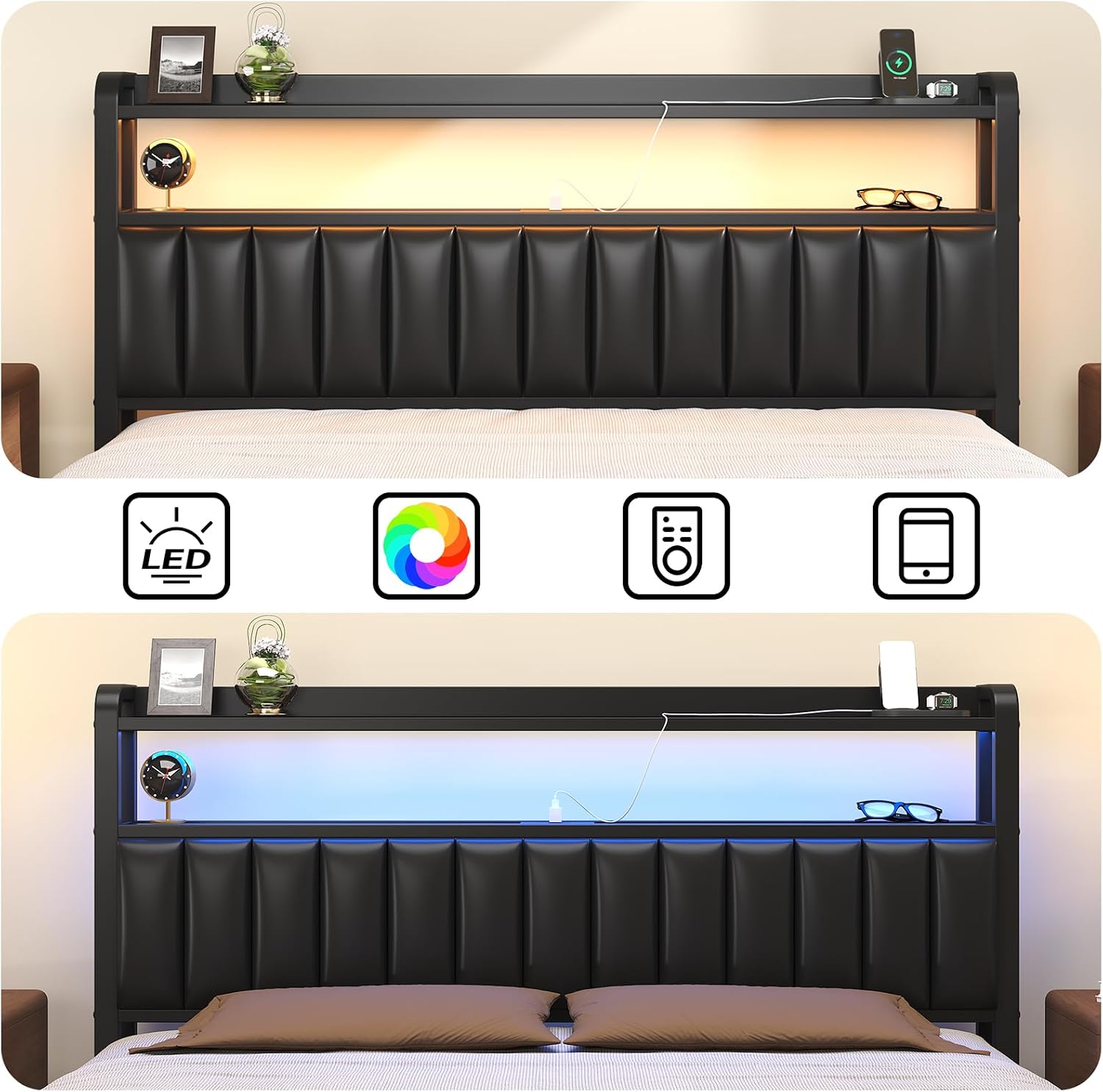 LOEWAY Full Size Bed Frame with Storage Headboard, Metal Platform Bed with LED Lights, Charging Station, Storage Drawers, Noise Free, No Box Spring Needed, Black